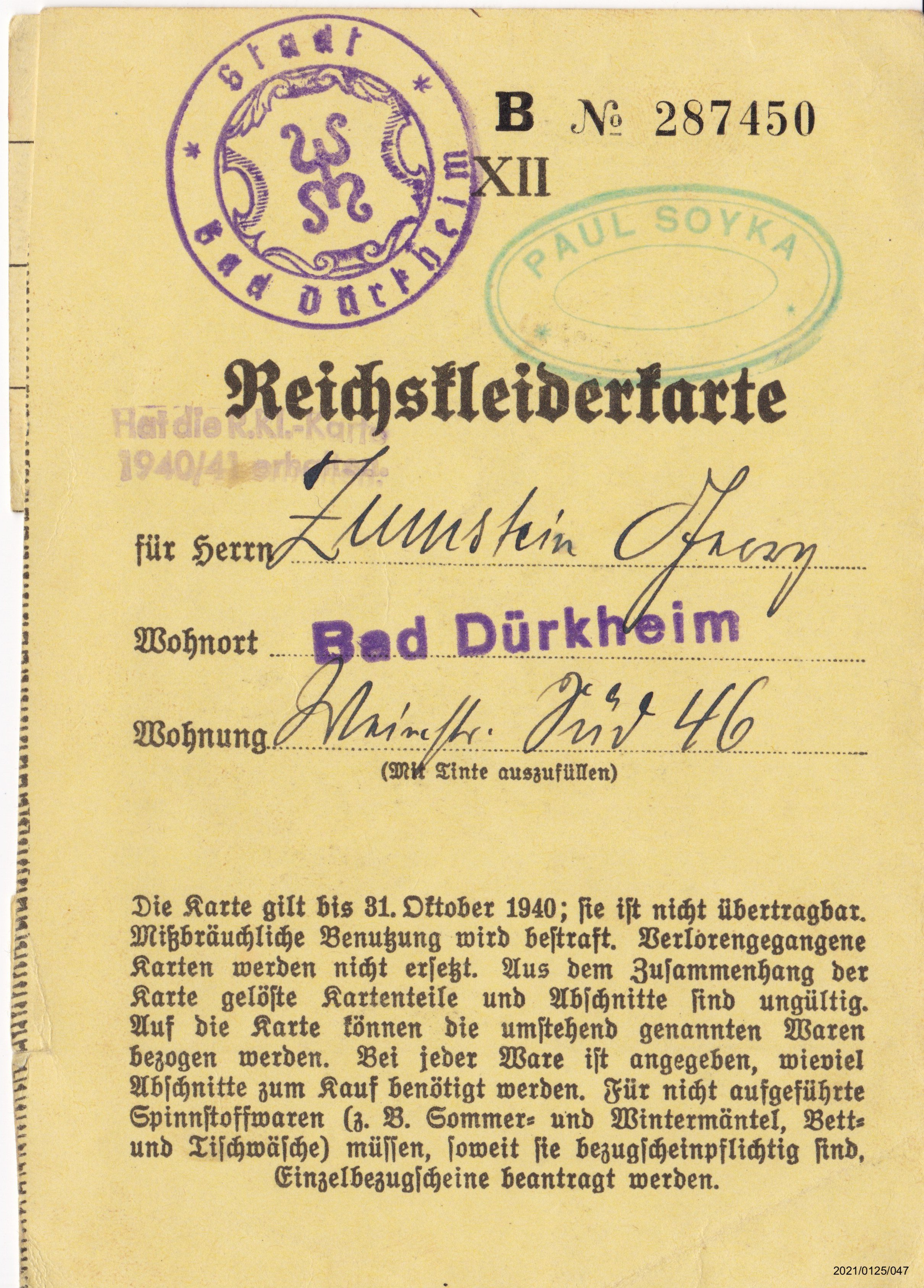 Reichskleiderkarte Oktober 1940 für Franz Zumstein: Vorderseite (Museumsgesellschaft Bad Dürkheim e. V. CC BY-NC-SA)