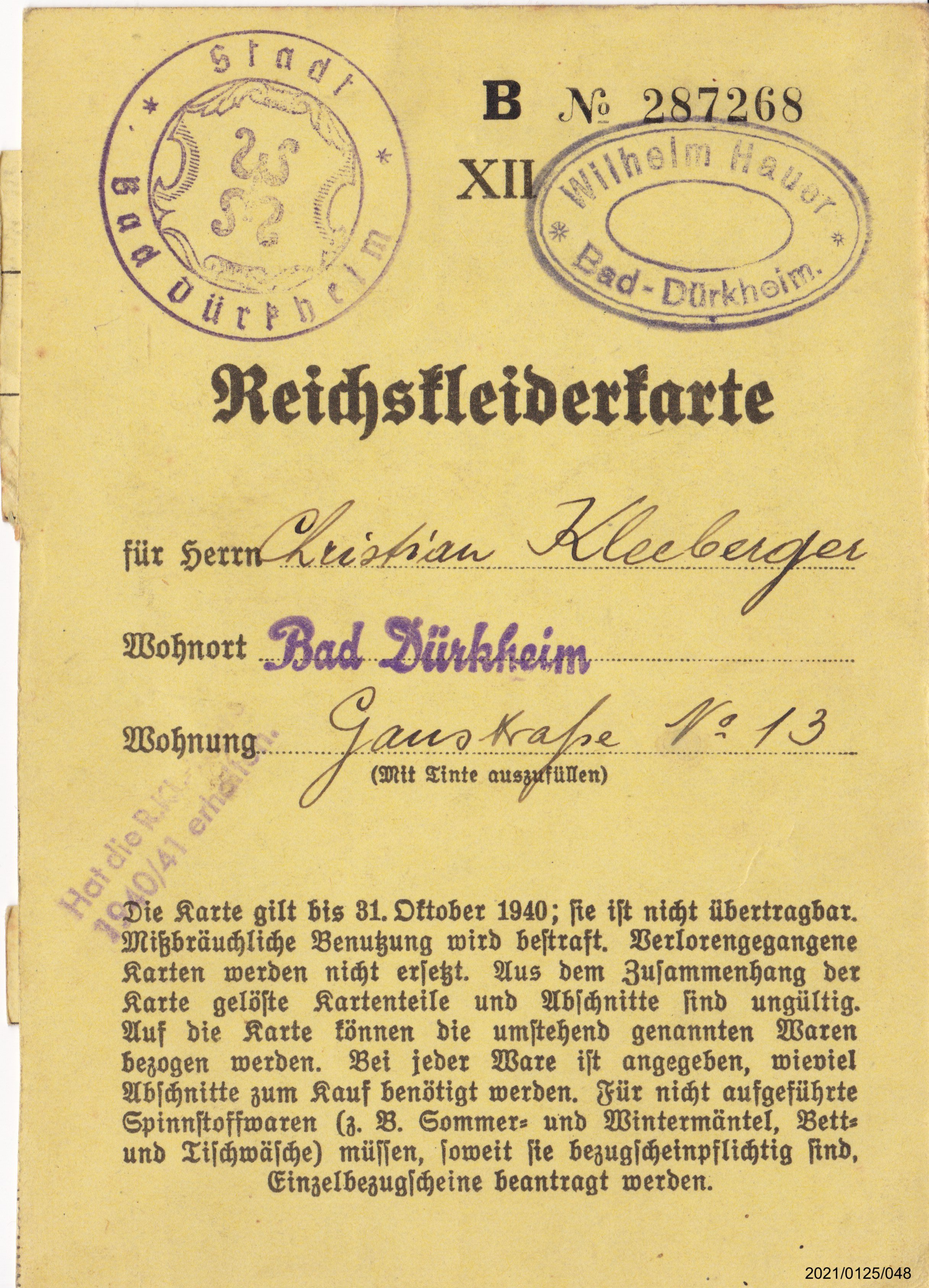 Reichskleiderkarte Oktober 1940 fürChristian Kleeberger: Vorderseite (Museumsgesellschaft Bad Dürkheim e. V. CC BY-NC-SA)