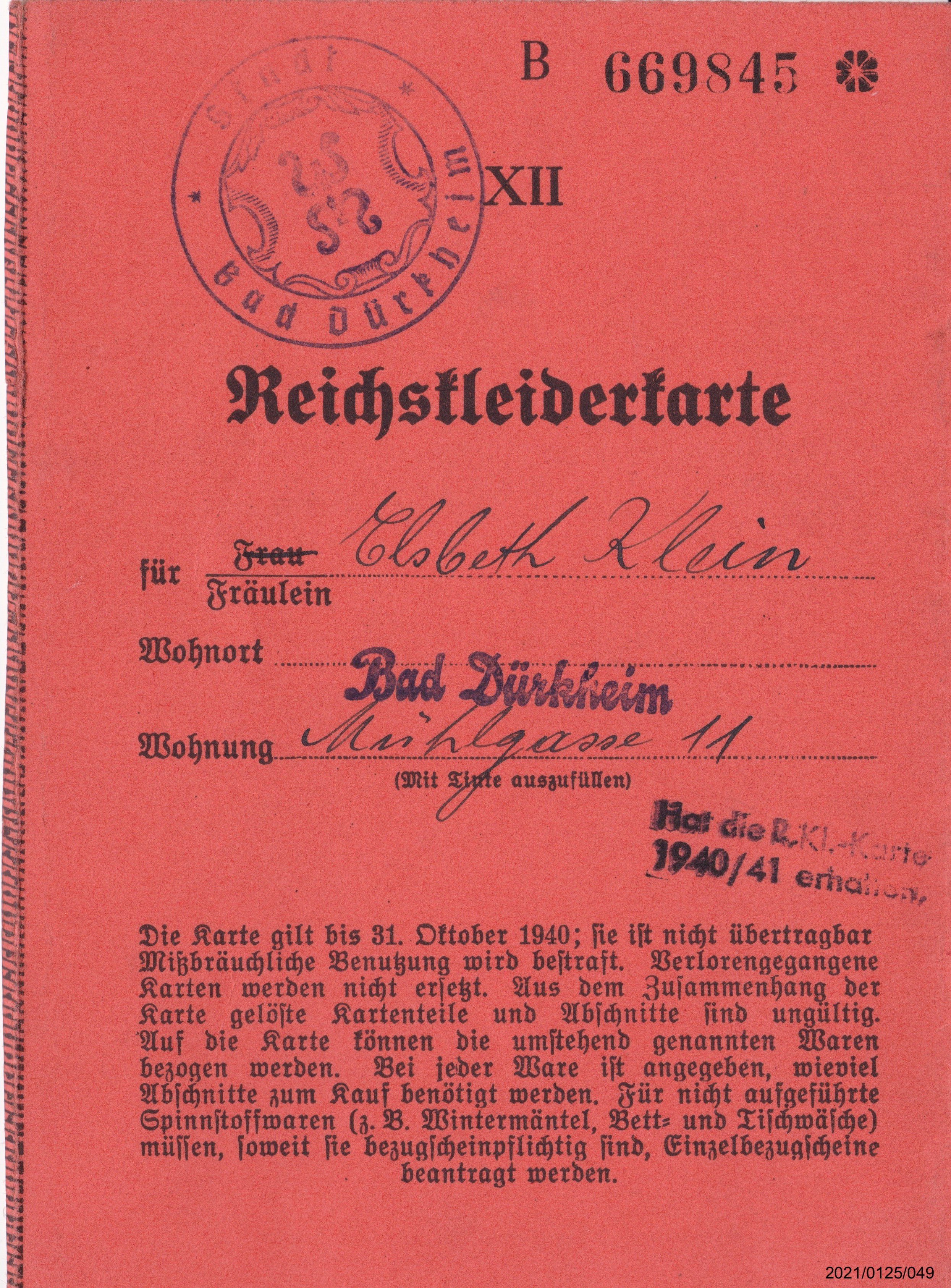 Reichskleiderkarte Oktober 1940 für Elsbeth Klein: Vorderseite (Museumsgesellschaft Bad Dürkheim e. V. CC BY-NC-SA)