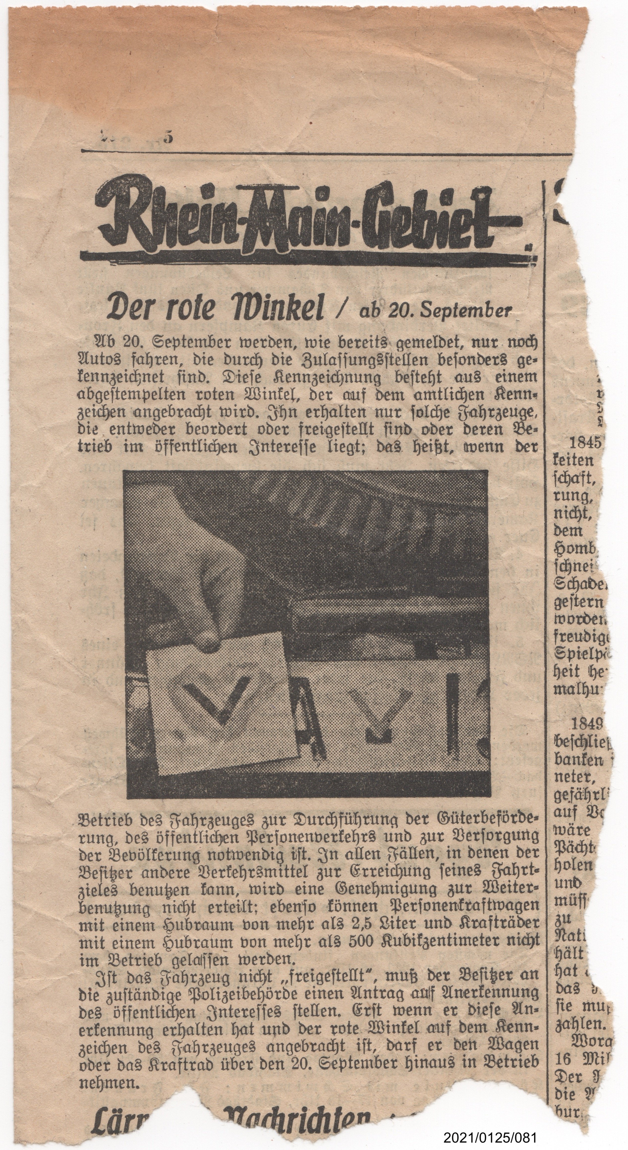 Der rote Winkel, Einschränkung für Fahren von Autos, 1939 :: Stadtmuseum  Bad Dürkheim im Kulturzentrum Haus Catoir :: museum-digital:deutschland