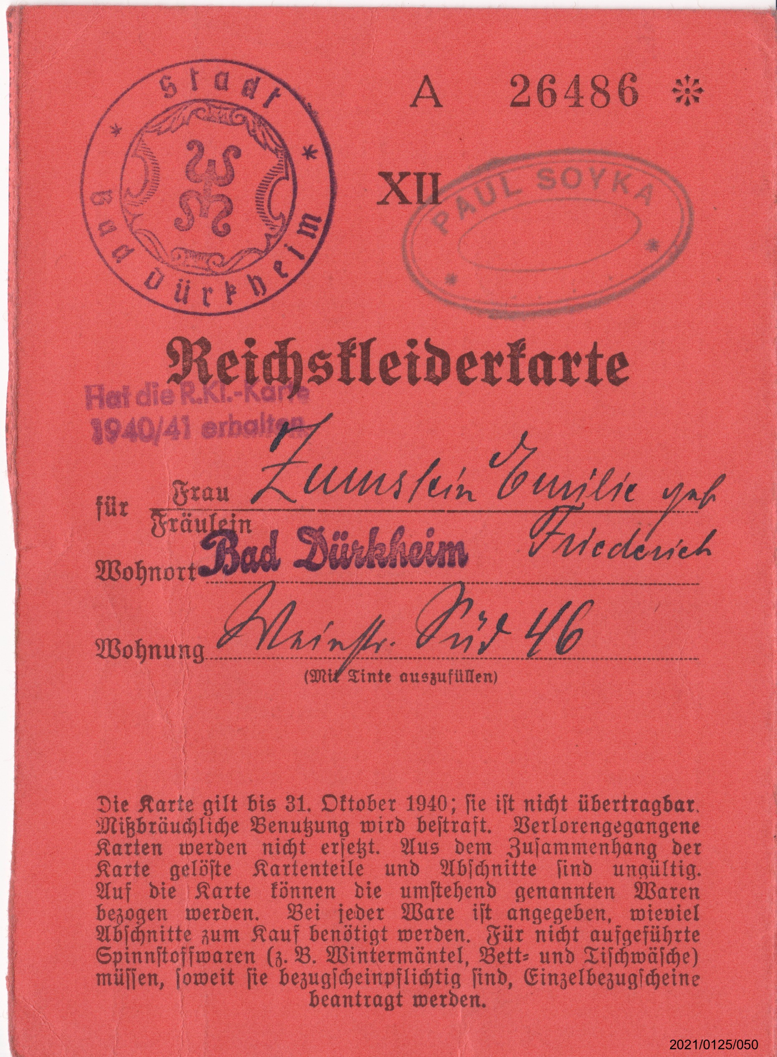 Reichskleiderkarte Oktober 1940 für Zumstein Emilie: Vorderansicht (Museumsgesellschaft Bad Dürkheim e. V. CC BY-NC-SA)