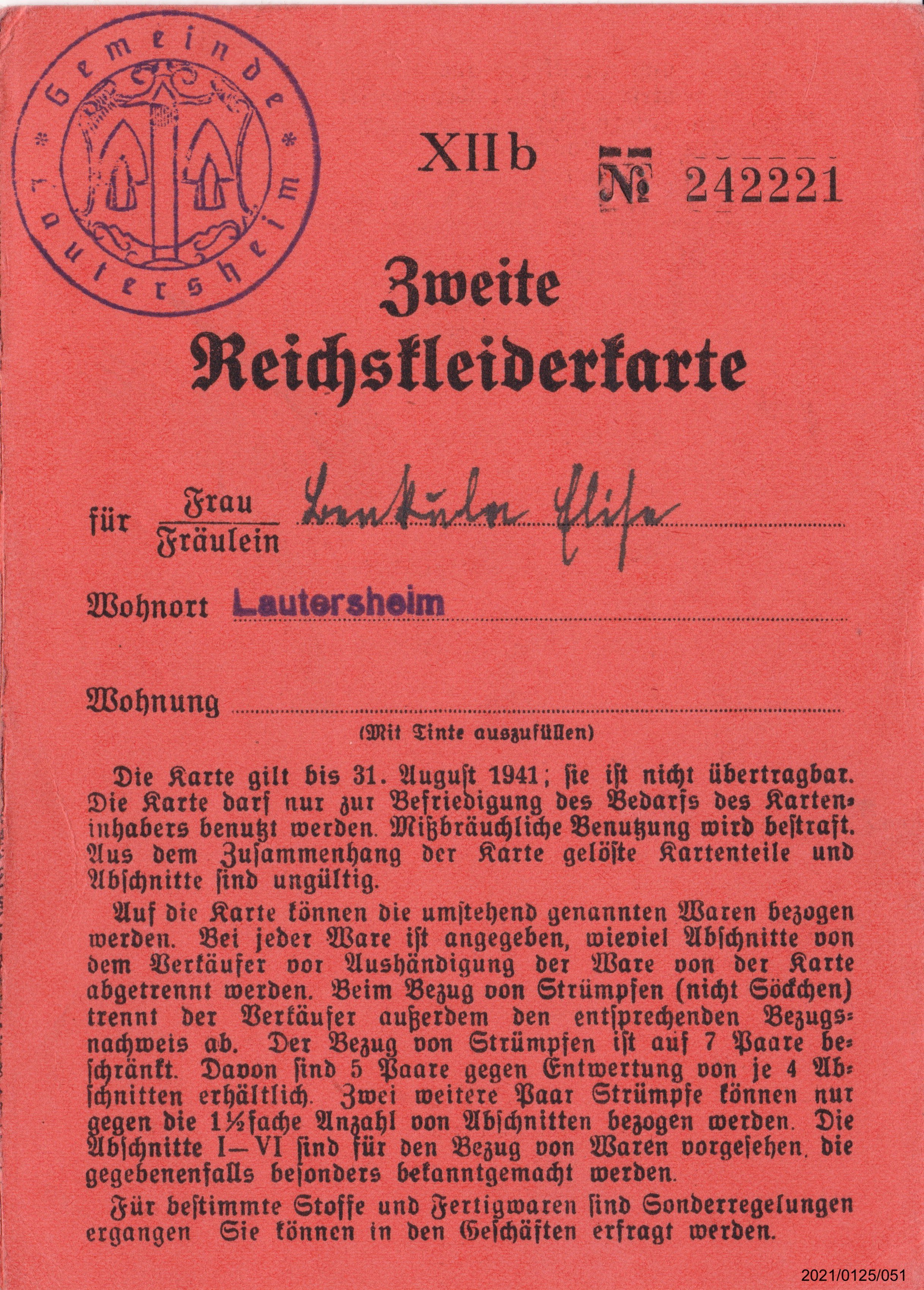Zweite Reichskleiderkarte August 1941 für Benkule Elisa: Vorderseite (Museumsgesellschaft Bad Dürkheim e. V. CC BY-NC-SA)