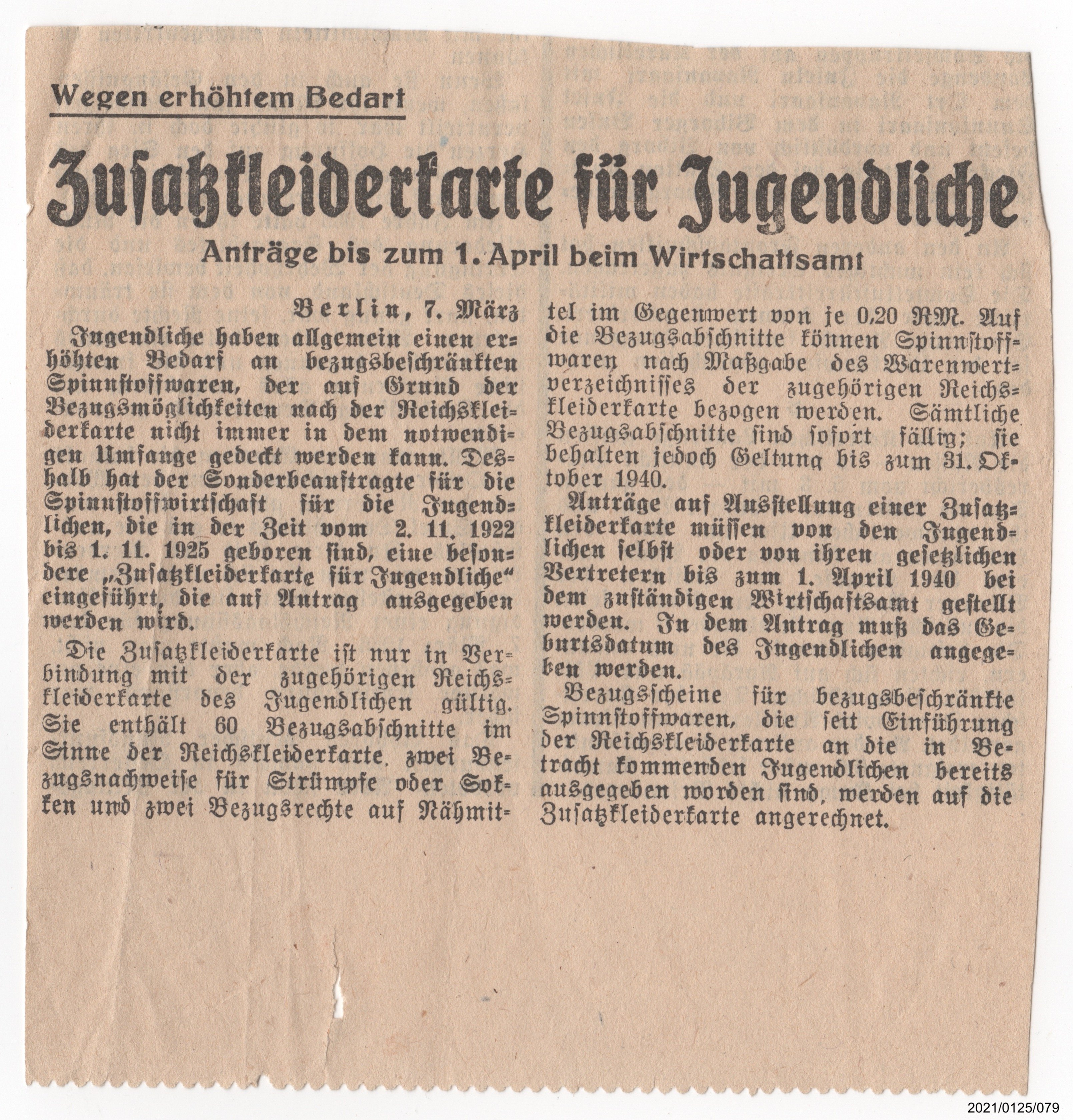 Zeitungsartikel: Zusatzkleiderkarte für Jugendliche 1940 (Museumsgesellschaft Bad Dürkheim e. V. CC BY-NC-SA)