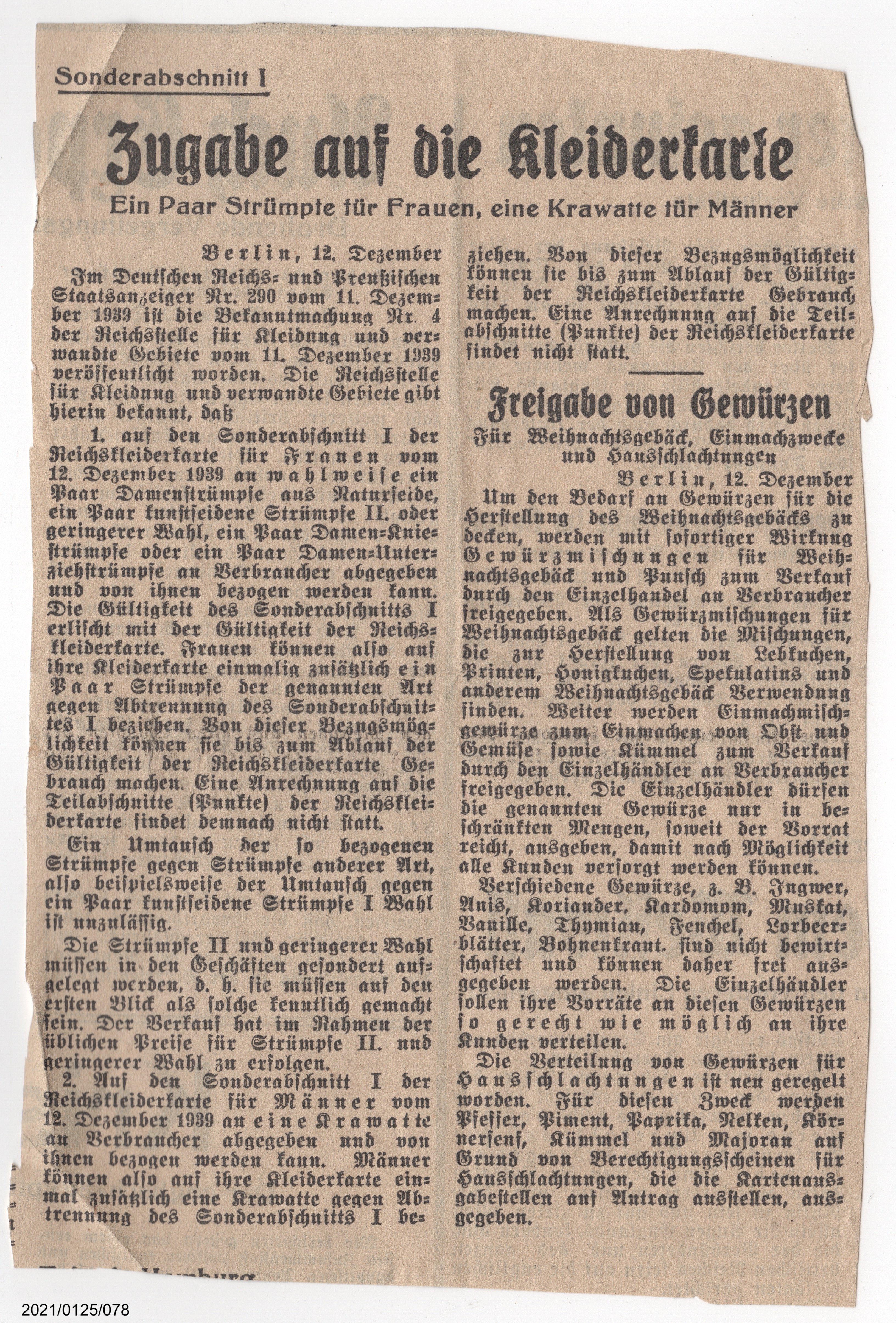 Zeitungsartikel: Sonderabschnitt I Zugabe auf die Kleiderkarte, Freigabe von Gewürzen (Museumsgesellschaft Bad Dürkheim e. V. CC BY-NC-SA)
