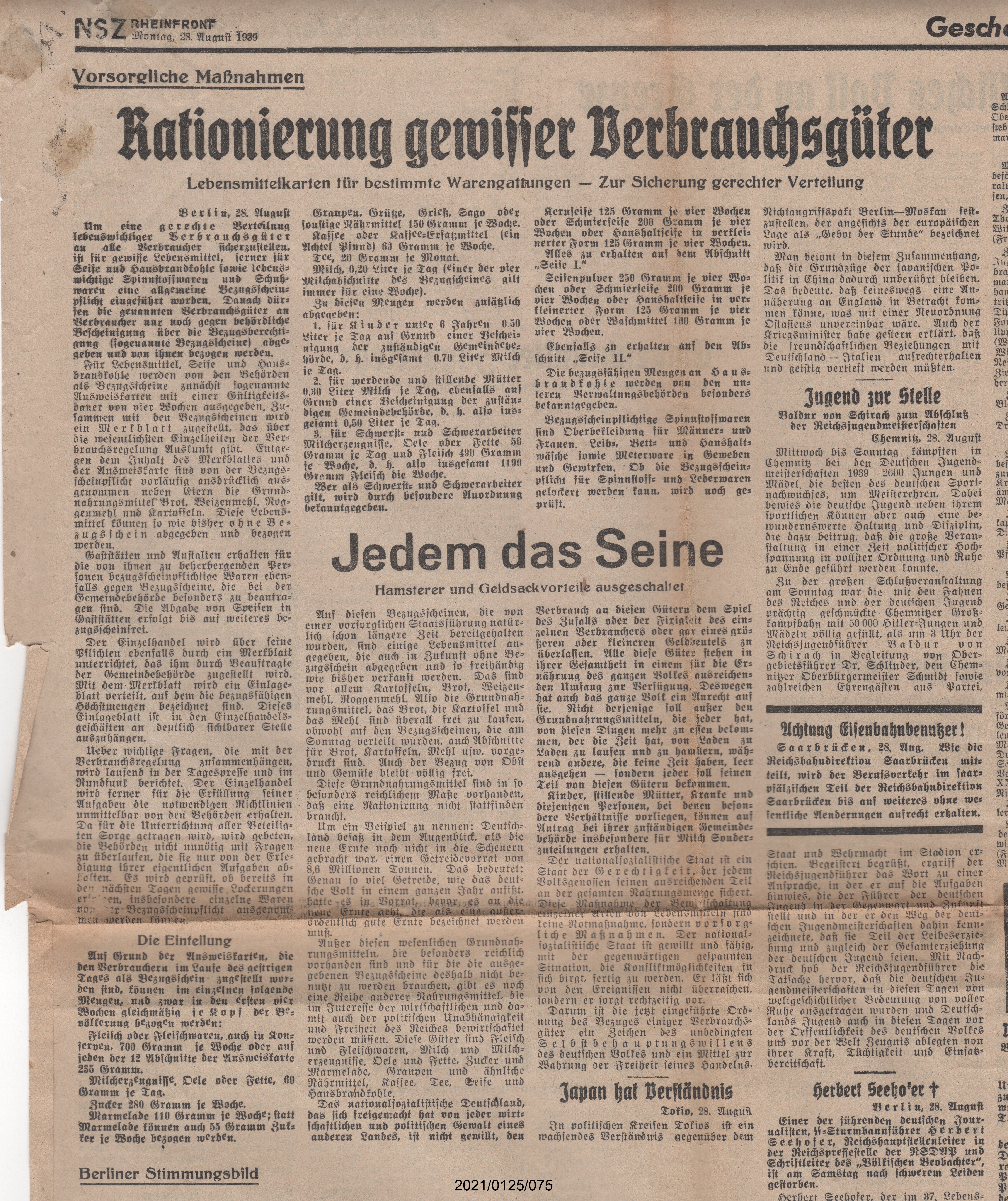 Rationierung gewisser Verbrauchsgüter 28.08.1939 (Museumsgesellschaft Bad Dürkheim e. V. CC BY-NC-SA)