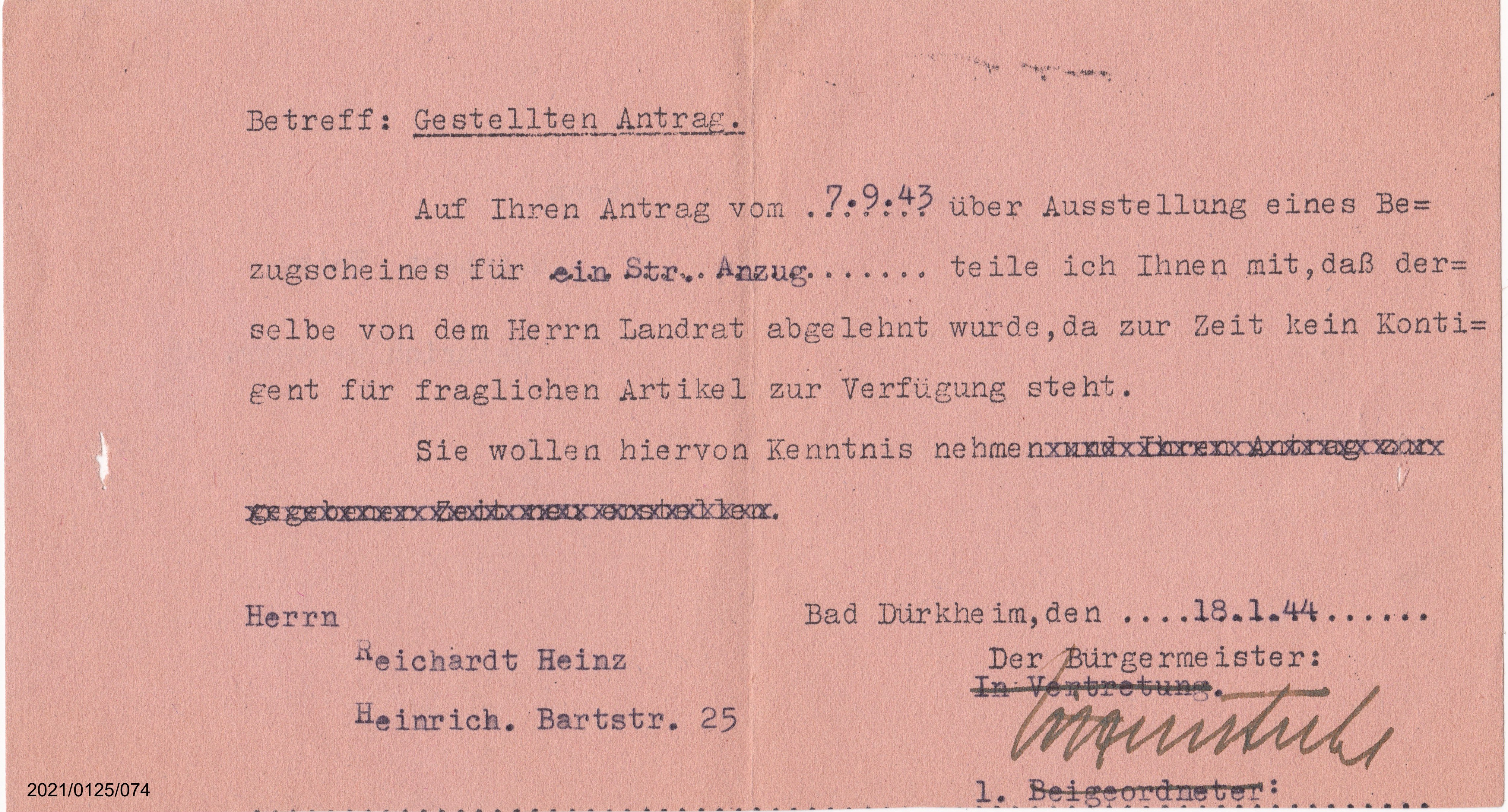 Ablehnung des Antrags auf einen Bezugsschein für einen Anzug 1943 (Museumsgesellschaft Bad Dürkheim e. V. CC BY-NC-SA)