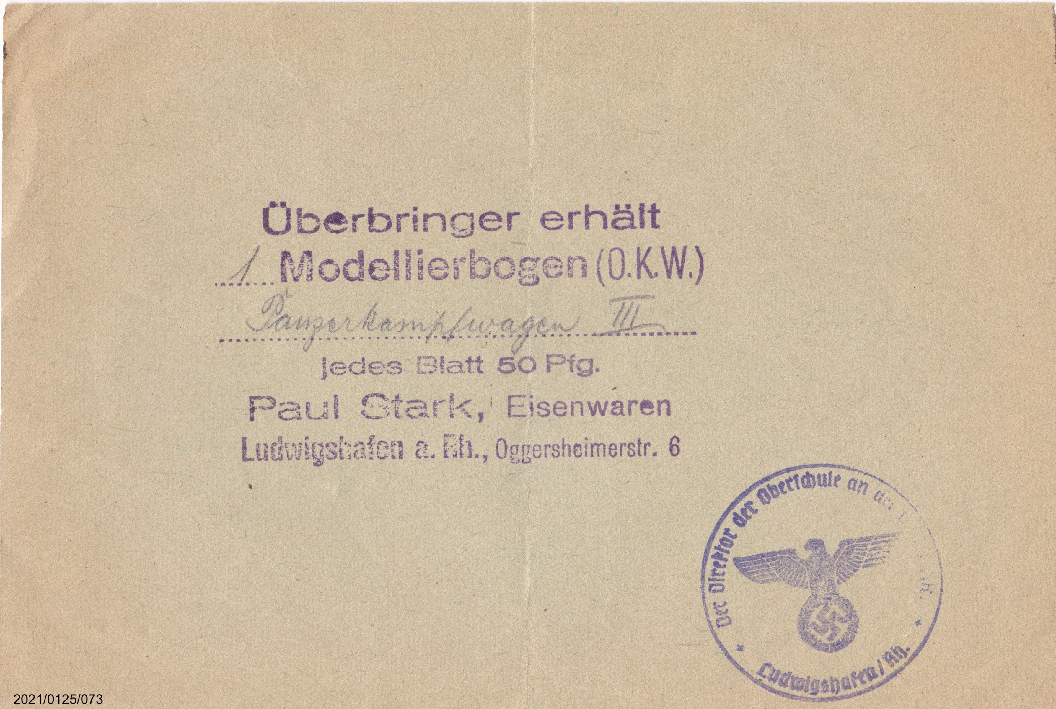 Bescheinigung die Berechtigung, einen Modellierbogen zu erhalten 1943(?) (Museumsgesellschaft Bad Dürkheim e. V. CC BY-NC-SA)
