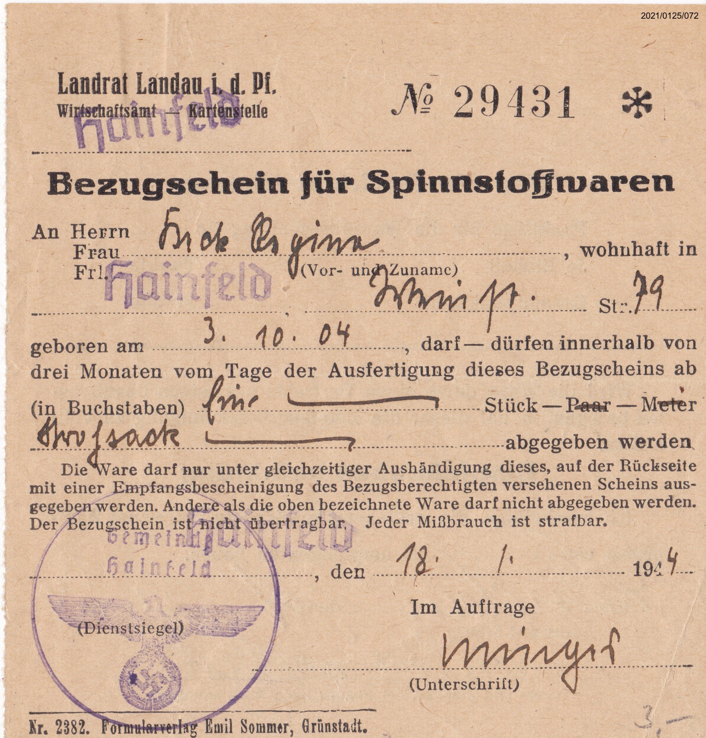 Bezugsschein für Spinnstoffwaren - 1 Strohsack 1944: Vorderseite (Museumsgesellschaft Bad Dürkheim e. V. CC BY-NC-SA)