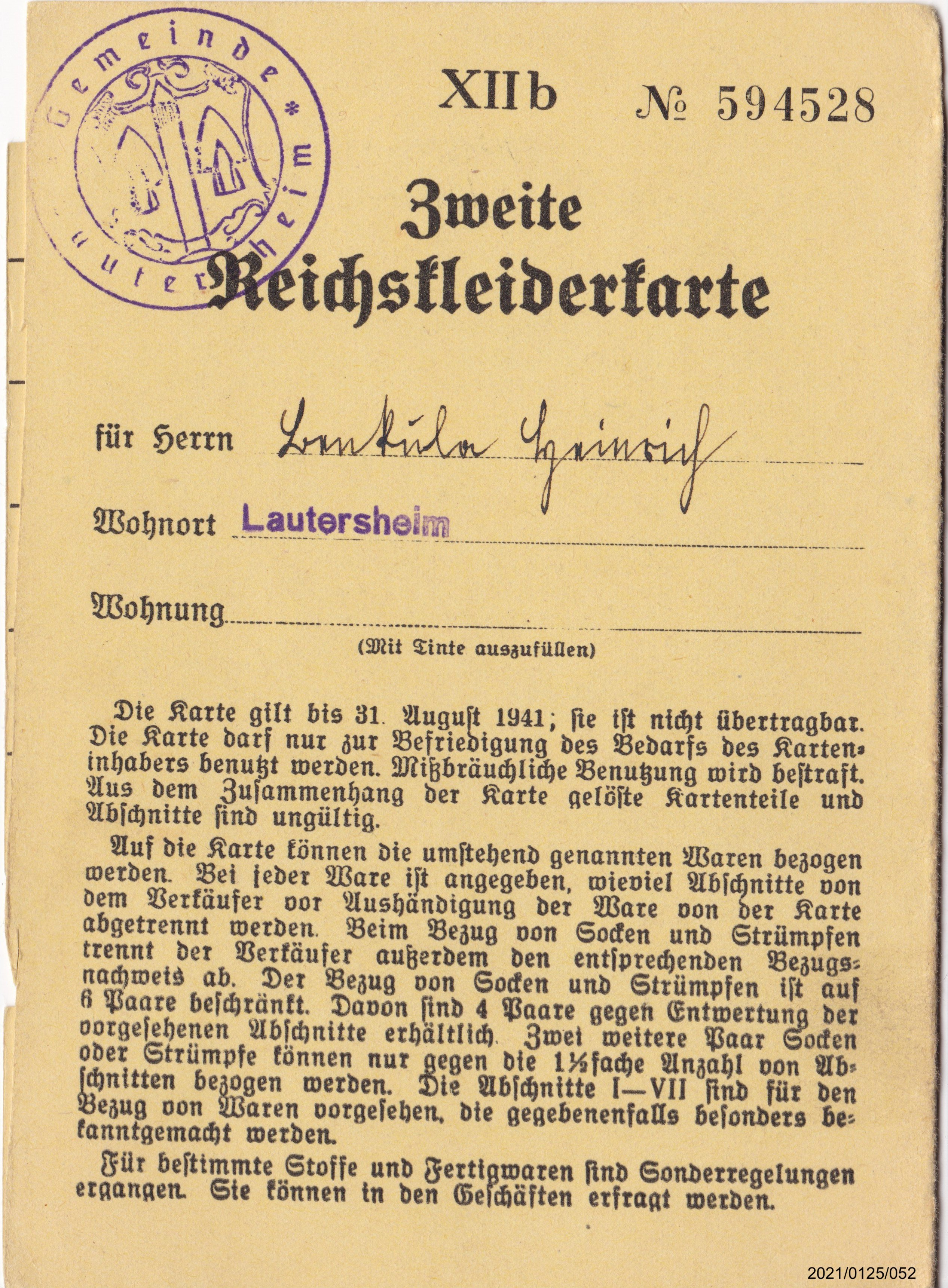 Zweite Reichskleiderkarte August 1941für Benkula Heinrich: Vorderseite (Museumsgesellschaft Bad Dürkheim e. V. CC BY-NC-SA)
