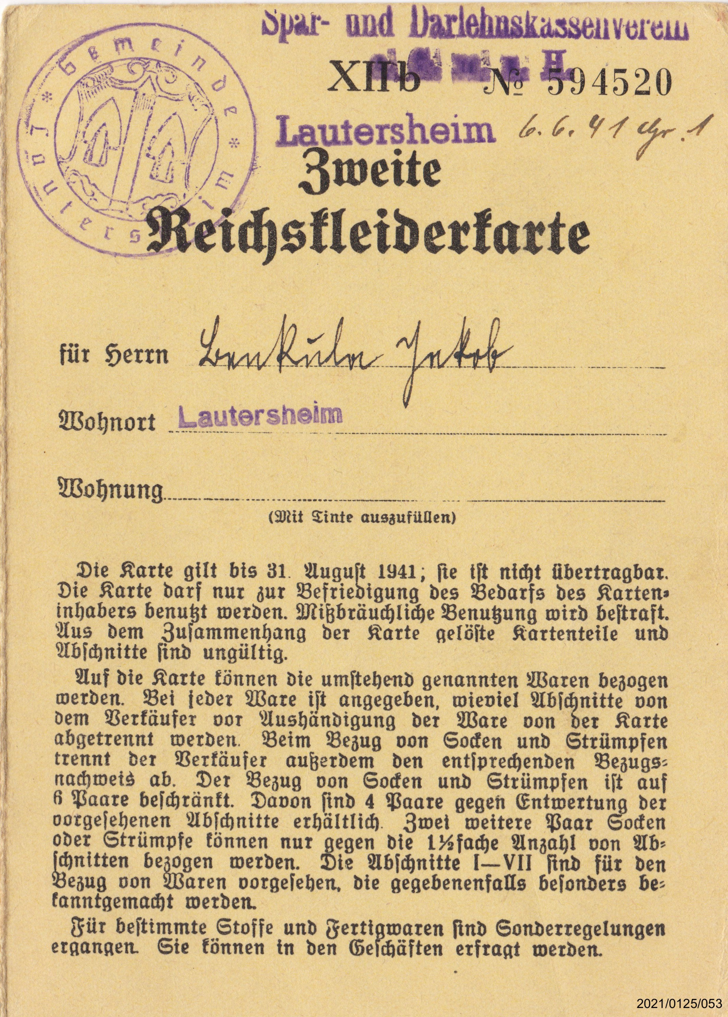 Zweite Reichskleiderkarte August 1941 für Benkula Jakob: Vorderseite (Museumsgesellschaft Bad Dürkheim e. V. CC BY-NC-SA)
