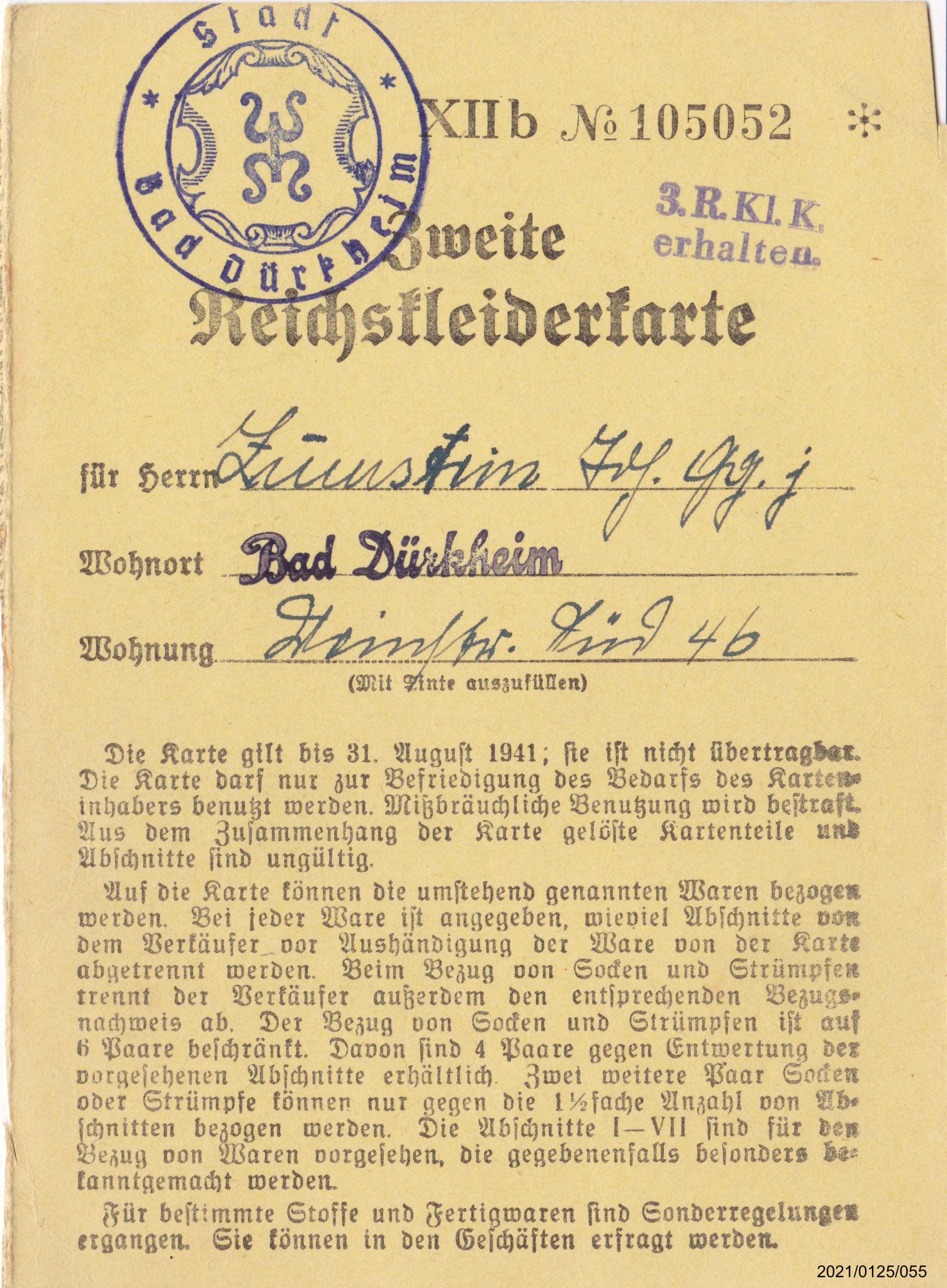 Zweite Reichskleiderkarte August 1941 für Zumstein Joh. Gg. j: Vorderseite (Museumsgesellschaft Bad Dürkheim e. V. CC BY-NC-SA)