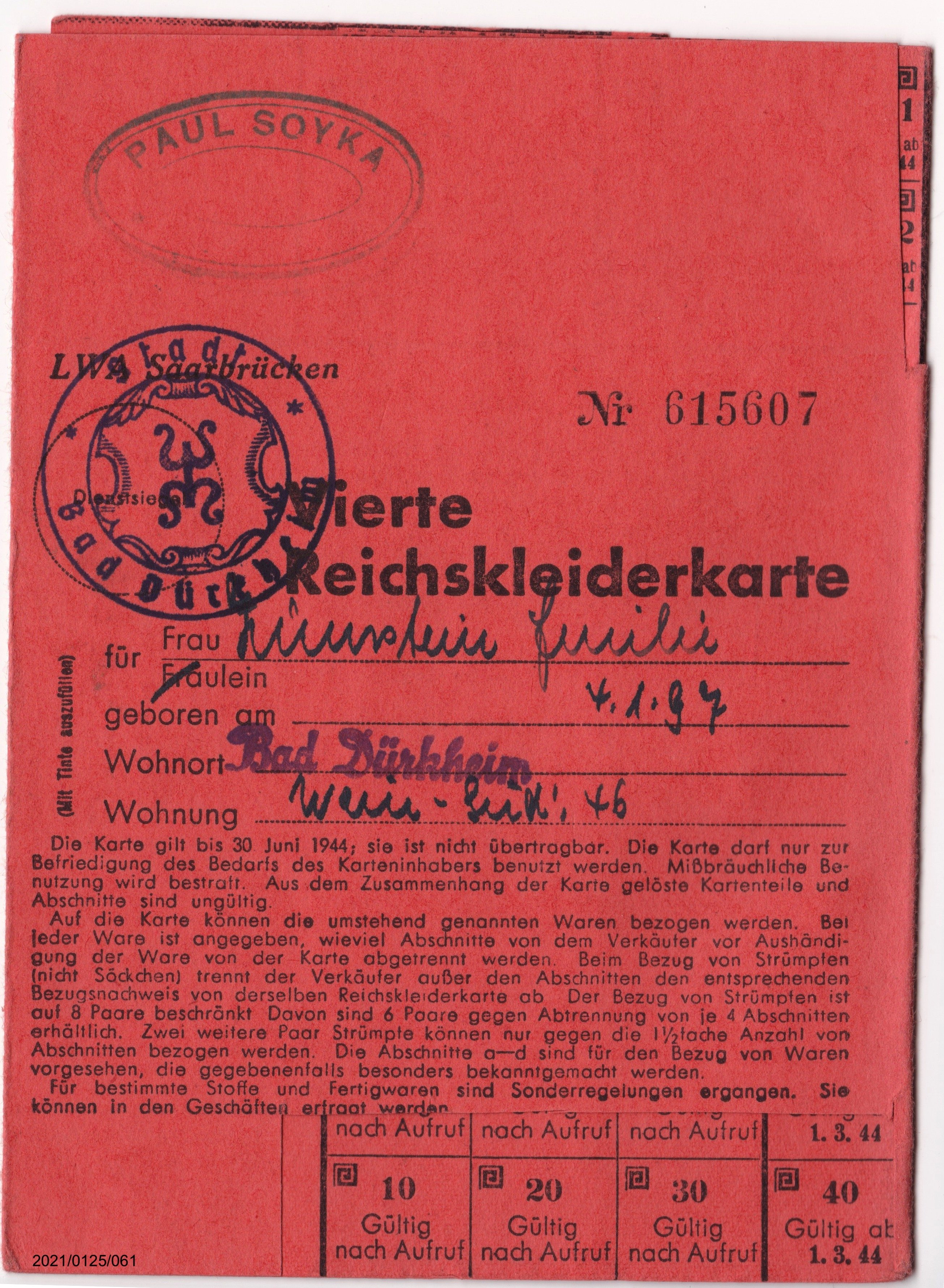 Vierte Reichskleiderkarte Juni 1944 Zumstein Emilie: Vorderseite (Museumsgesellschaft Bad Dürkheim e. V. CC BY-NC-SA)