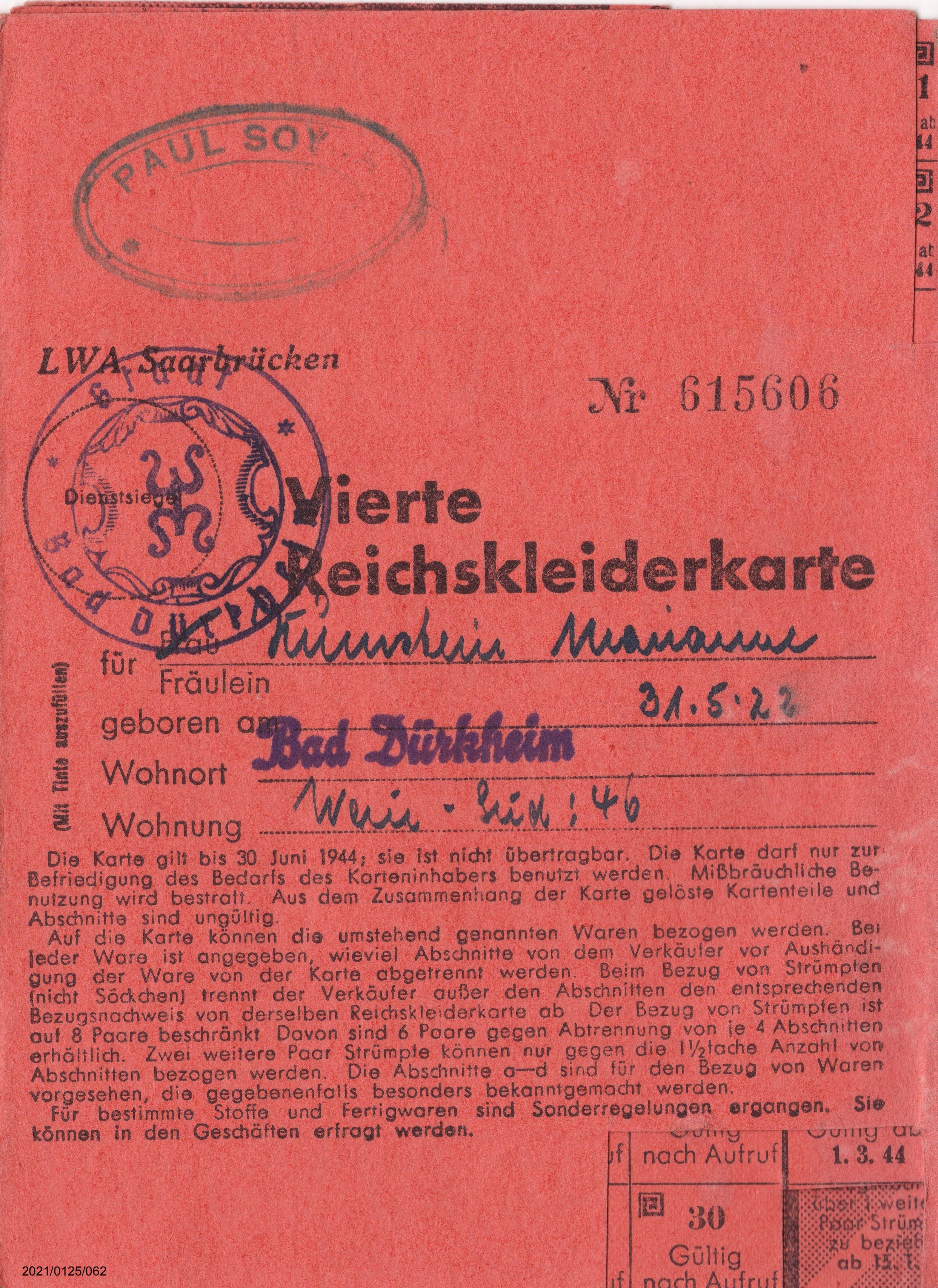 Vierte Reichskleiderkarte Juni 1944 Zumstein Marianne: Vorderseite (Museumsgesellschaft Bad Dürkheim e. V. CC BY-NC-SA)