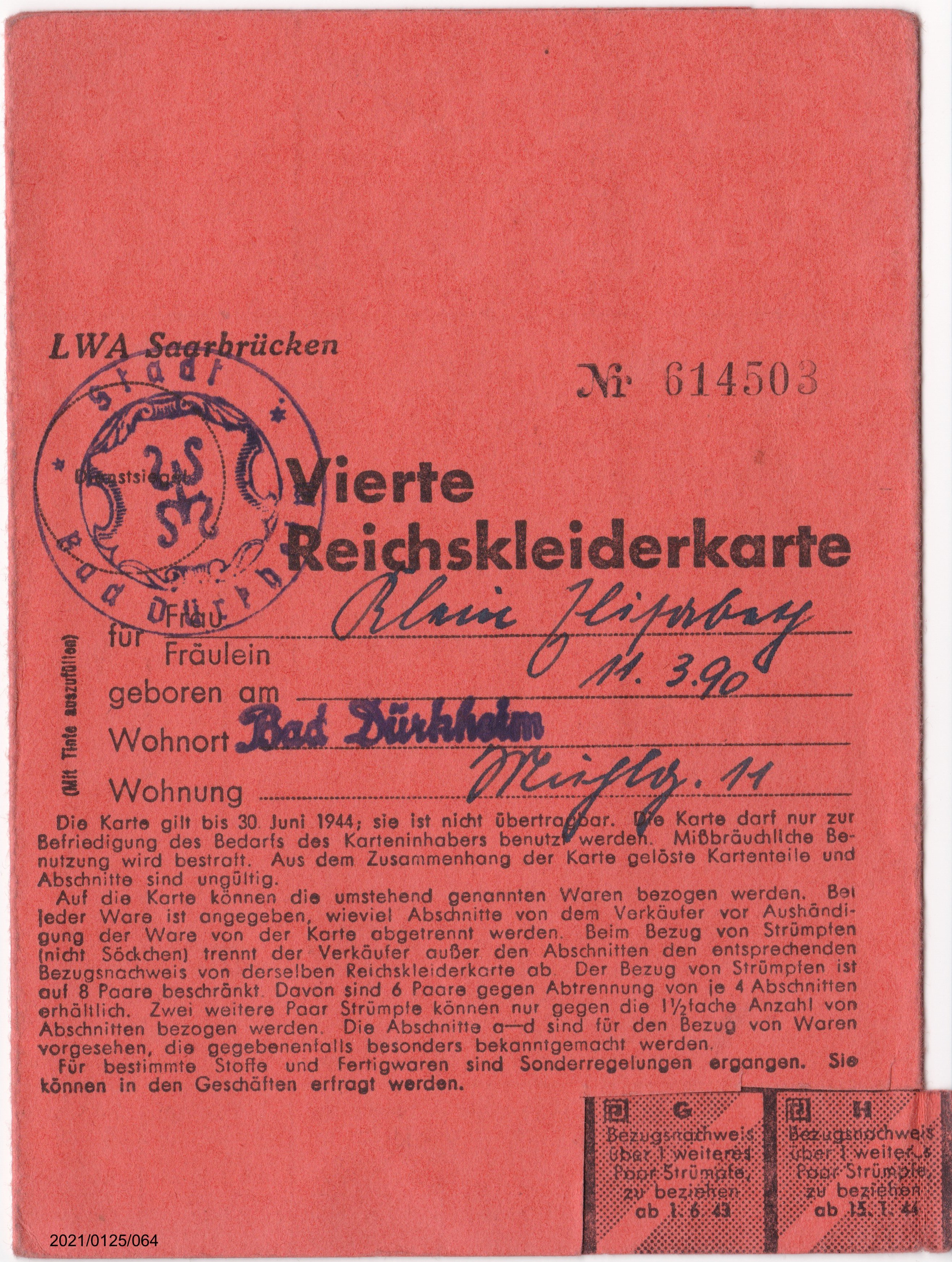 Vierte Reichskleiderkarte Juni 1944 Klein Elisabeth: Vorderseite (Museumsgesellschaft Bad Dürkheim e. V. CC BY-NC-SA)