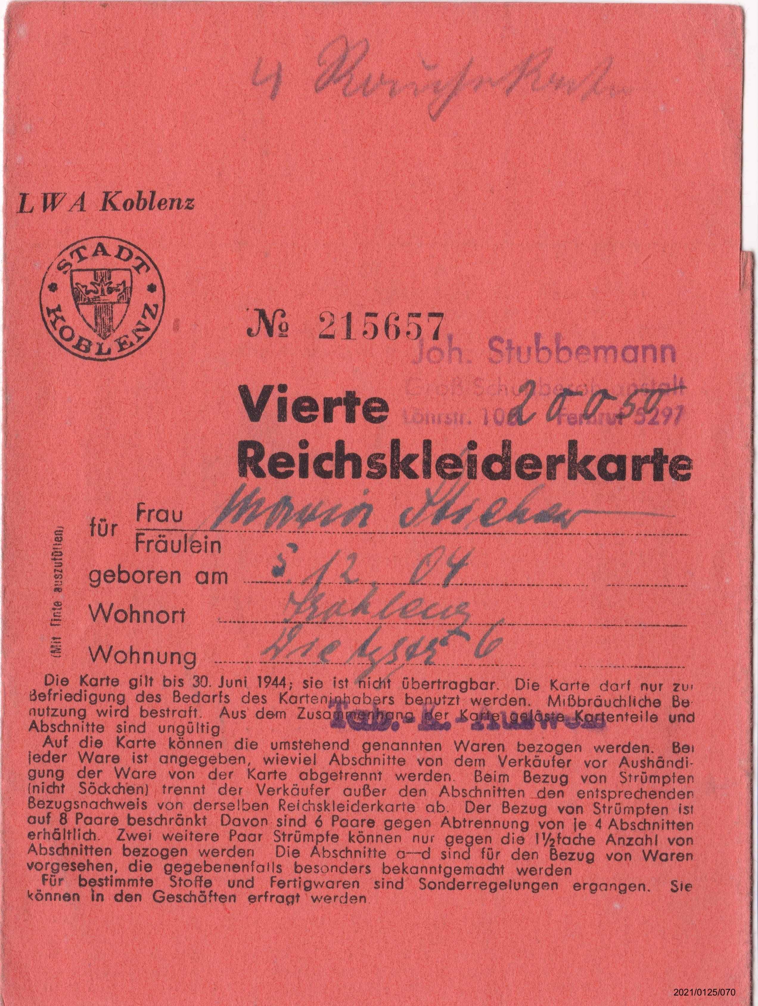 Vierte Reichskleiderkarte Juni 1944 Maria Streher: Vorderseite (Museumsgesellschaft Bad Dürkheim e. V. CC BY-NC-SA)