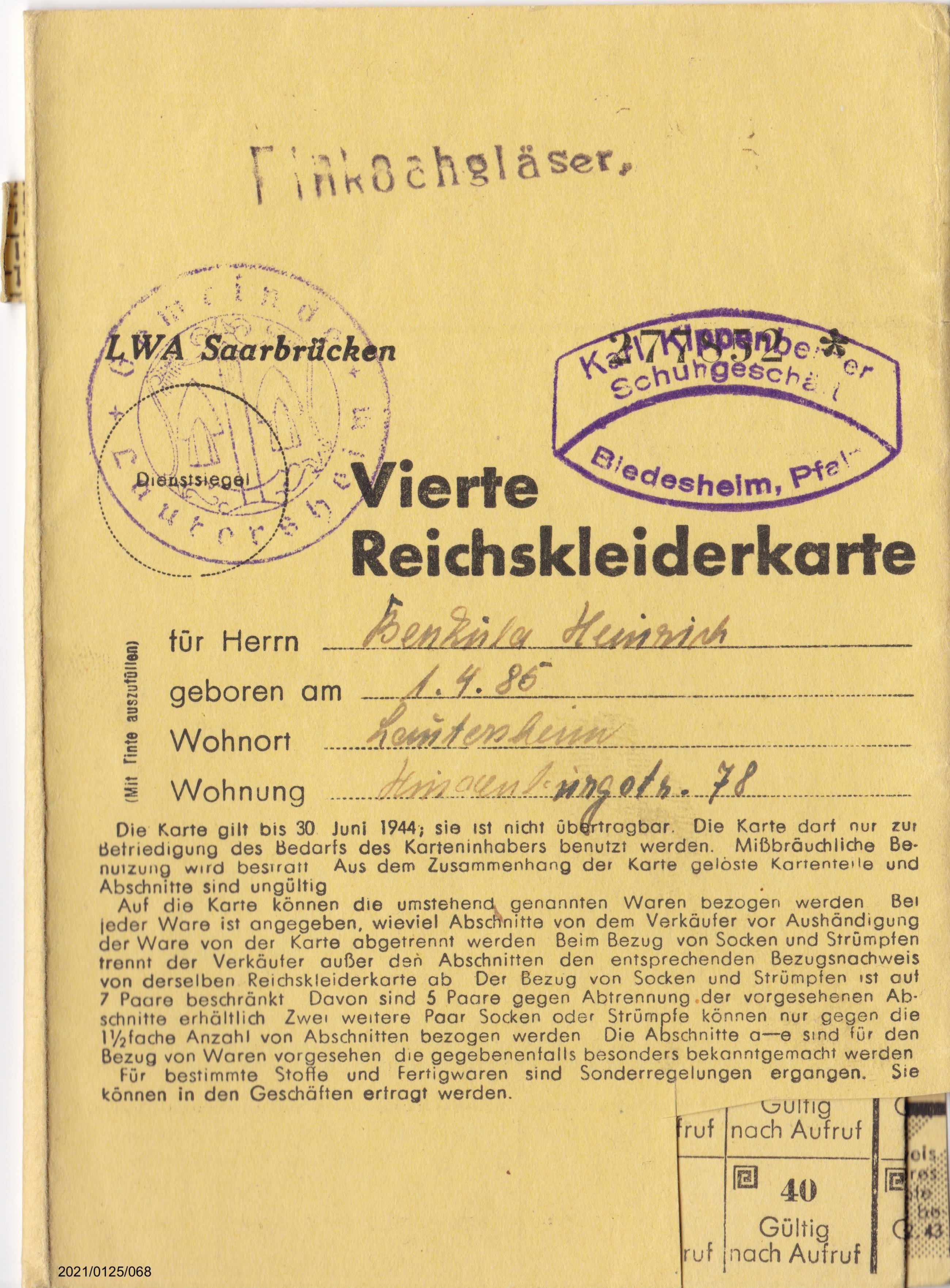 Vierte Reichskleiderkarte Juni 1944 für Heinrich Benkula: Vorderseite (Museumsgesellschaft Bad Dürkheim e. V. CC BY-NC-SA)