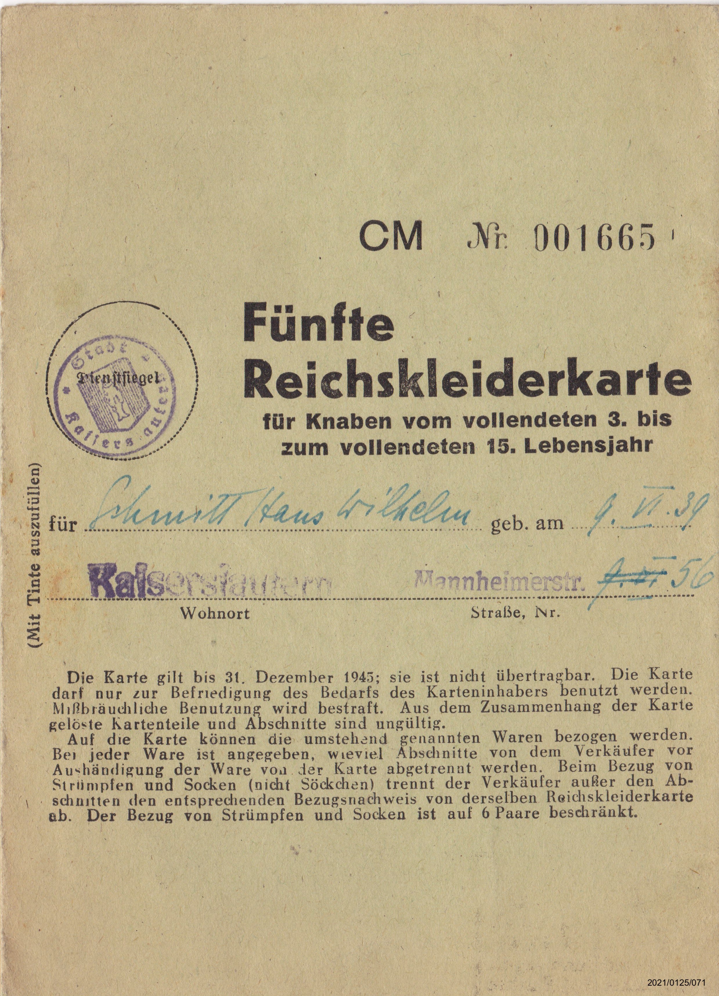 Fünfte Reichskleiderkarte für Knaben 3.-15 Lebensjahr: Vorderseite (Museumsgesellschaft Bad Dürkheim e. V. CC BY-NC-SA)