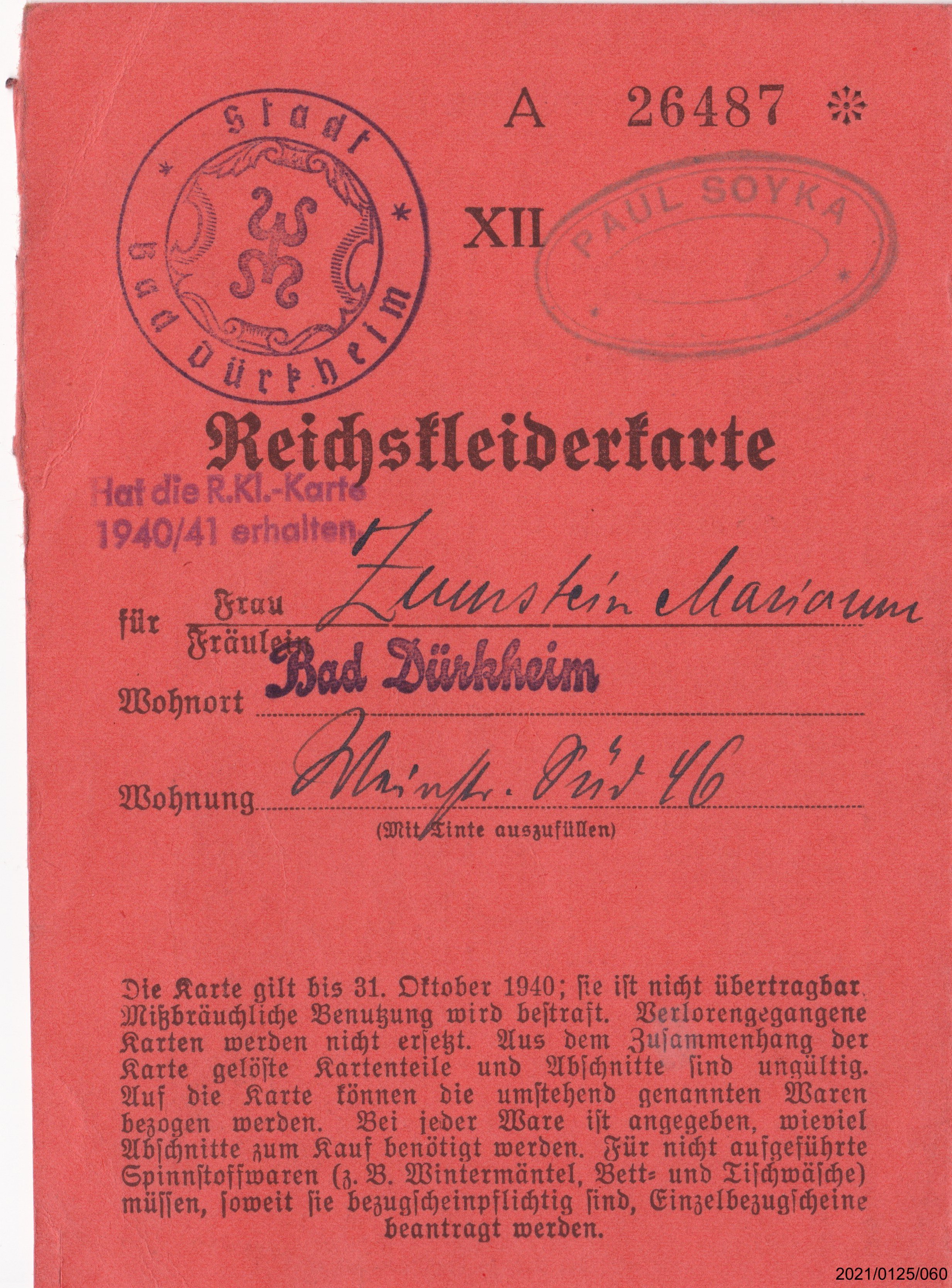 Reichskleiderkarte Oktober 1940 für Zumstein Marianne: Vorderseite (Museumsgesellschaft Bad Dürkheim e. V. CC BY-NC-SA)