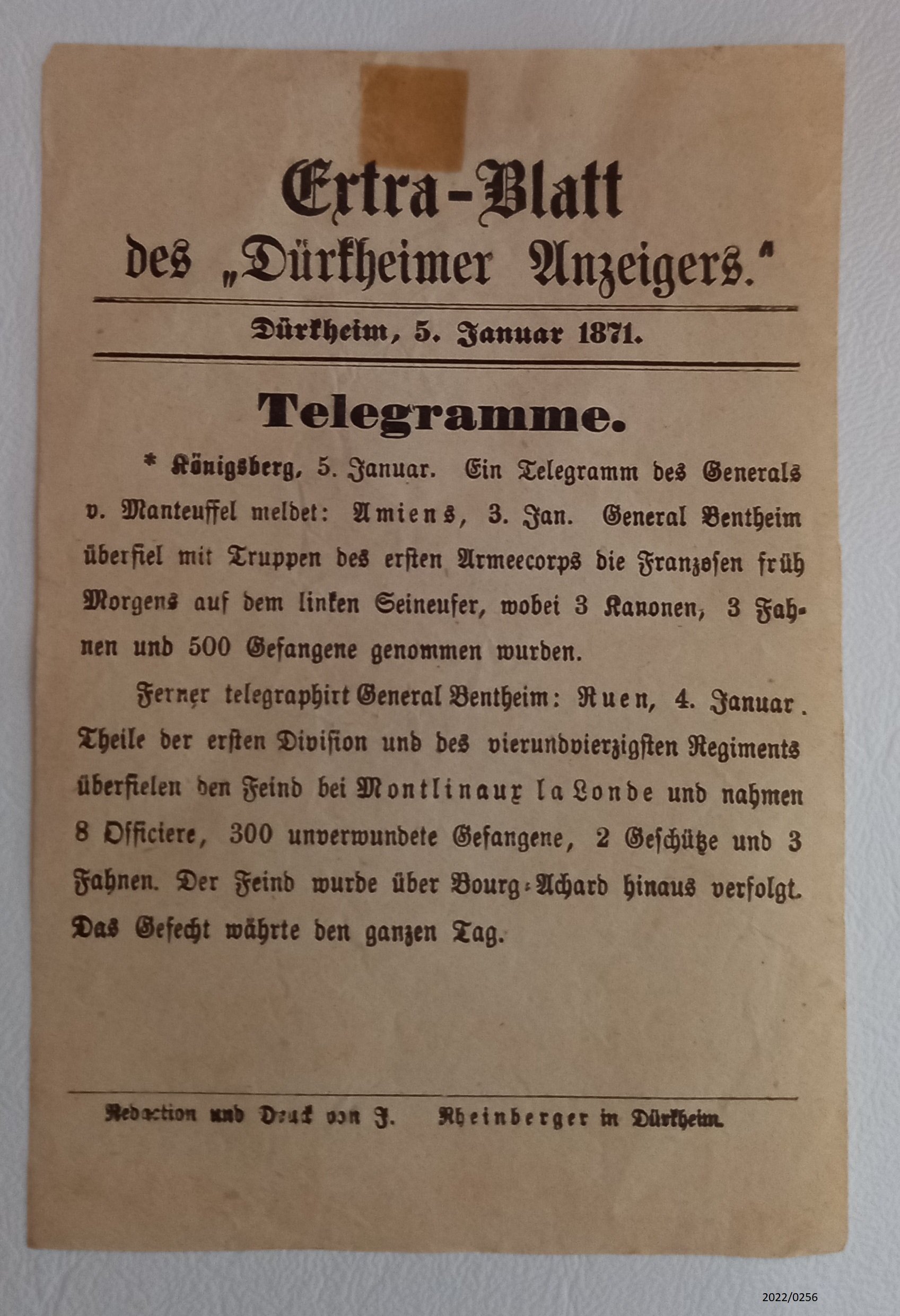 Extrablatt Dürkheimer Anzeiger vom 5.1.1871 (Stadtmuseum Bad Dürkheim im Kulturzentrum Haus Catoir CC BY-NC-SA)