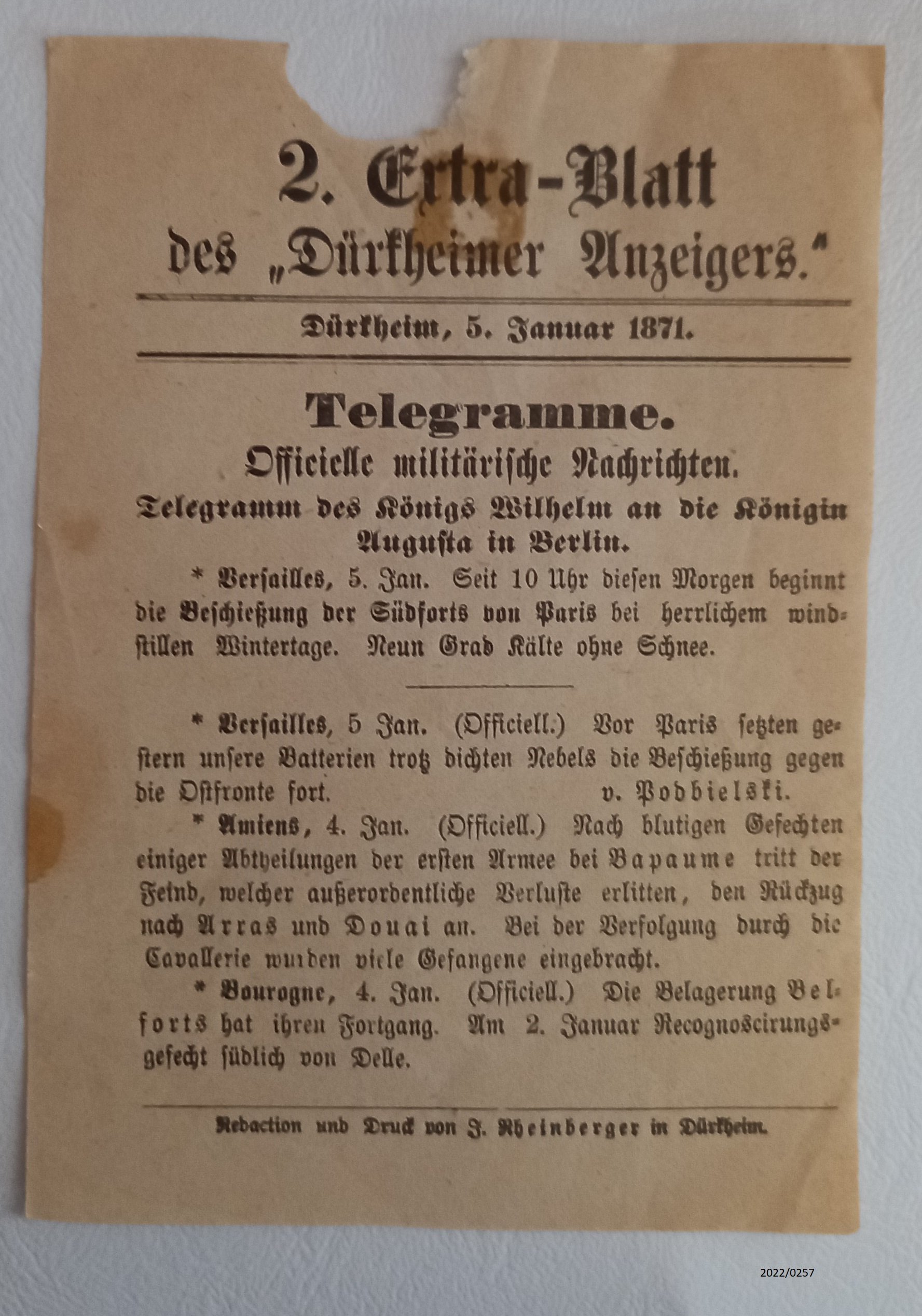 Extra-Blatt der "Dürkheimer Anzeigers" vom 5. Januar (Stadtmuseum Bad Dürkheim im Kulturzentrum Haus Catoir CC BY-NC-SA)