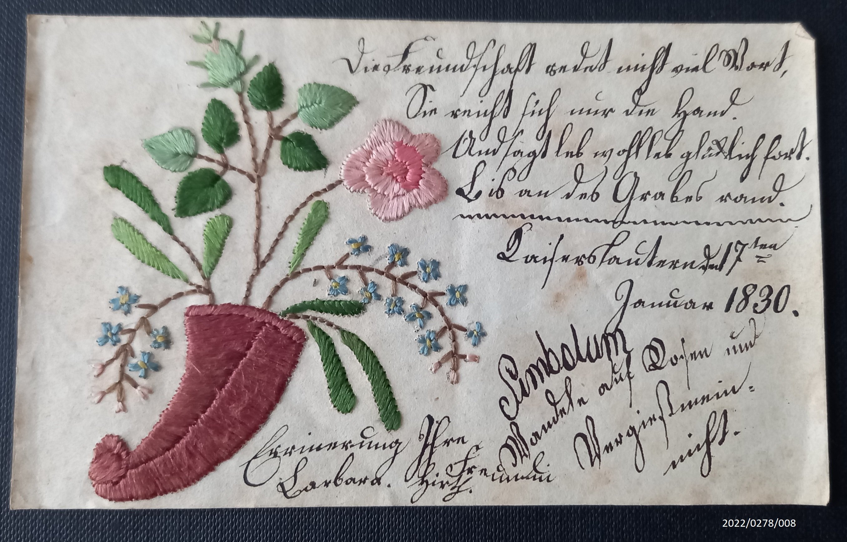 Blatt eines Poesiealbums, 1830, Blatt 8 (Stadtmuseum Bad Dürkheim im Kulturzentrum Haus Catoir CC BY-NC-SA)