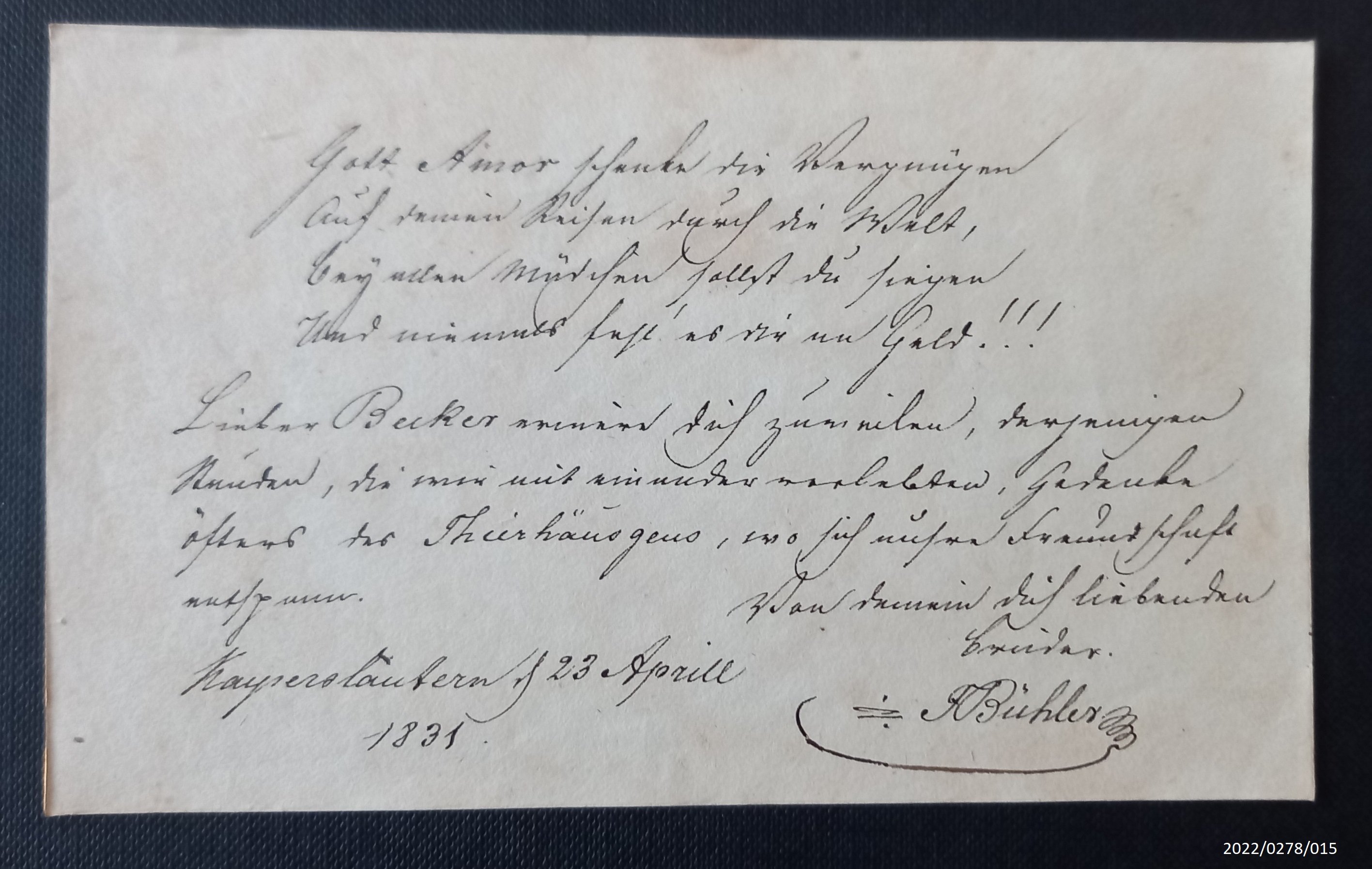 Blatt eines Poesiealbums, 1831, Blatt 15 (Stadtmuseum Bad Dürkheim im Kulturzentrum Haus Catoir CC BY-NC-SA)