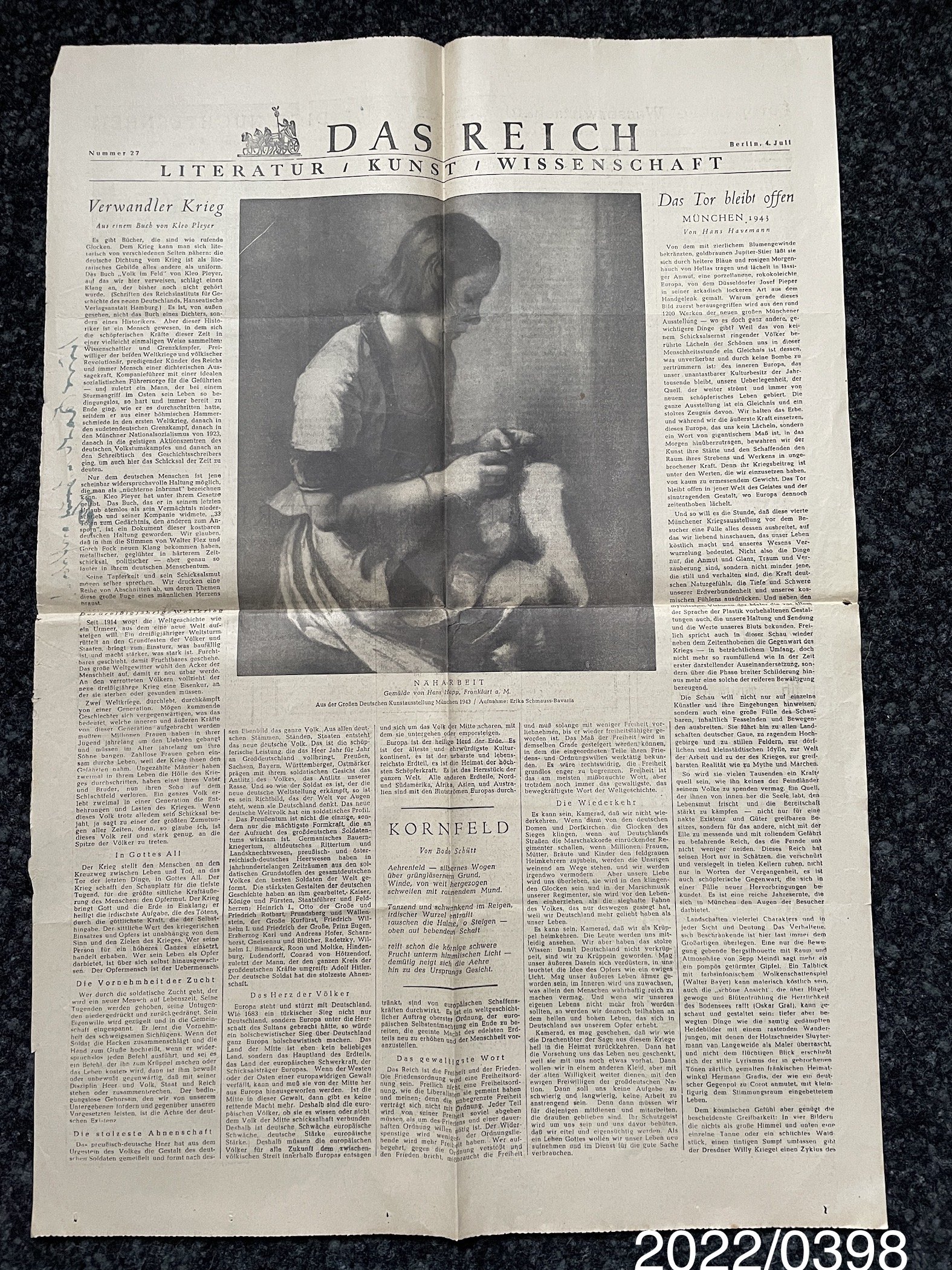 Zeitungsseite "Das Reich" 1943 Nr. 27 (Stadtmuseum Bad Dürkheim im Kulturzentrum Haus Catoir CC BY-NC-SA)