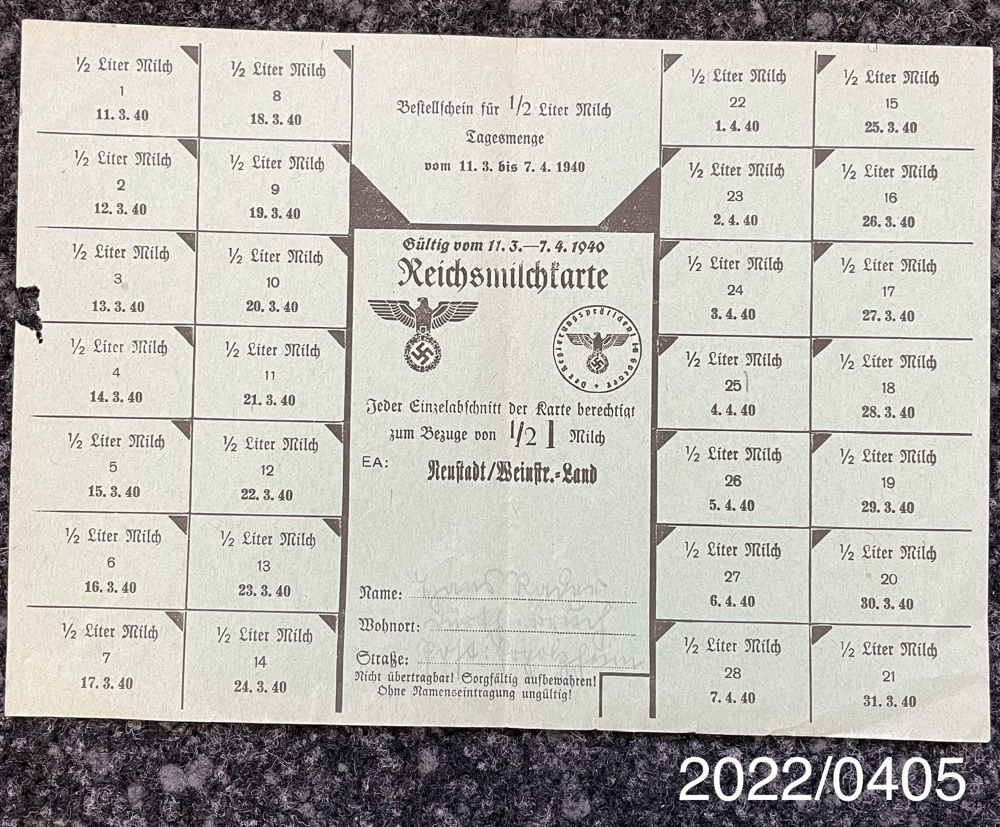 Reichsmilchkarte 11.03 - 07.04.1940 (Stadtmuseum Bad Dürkheim im Kulturzentrum Haus Catoir CC BY-NC-SA)
