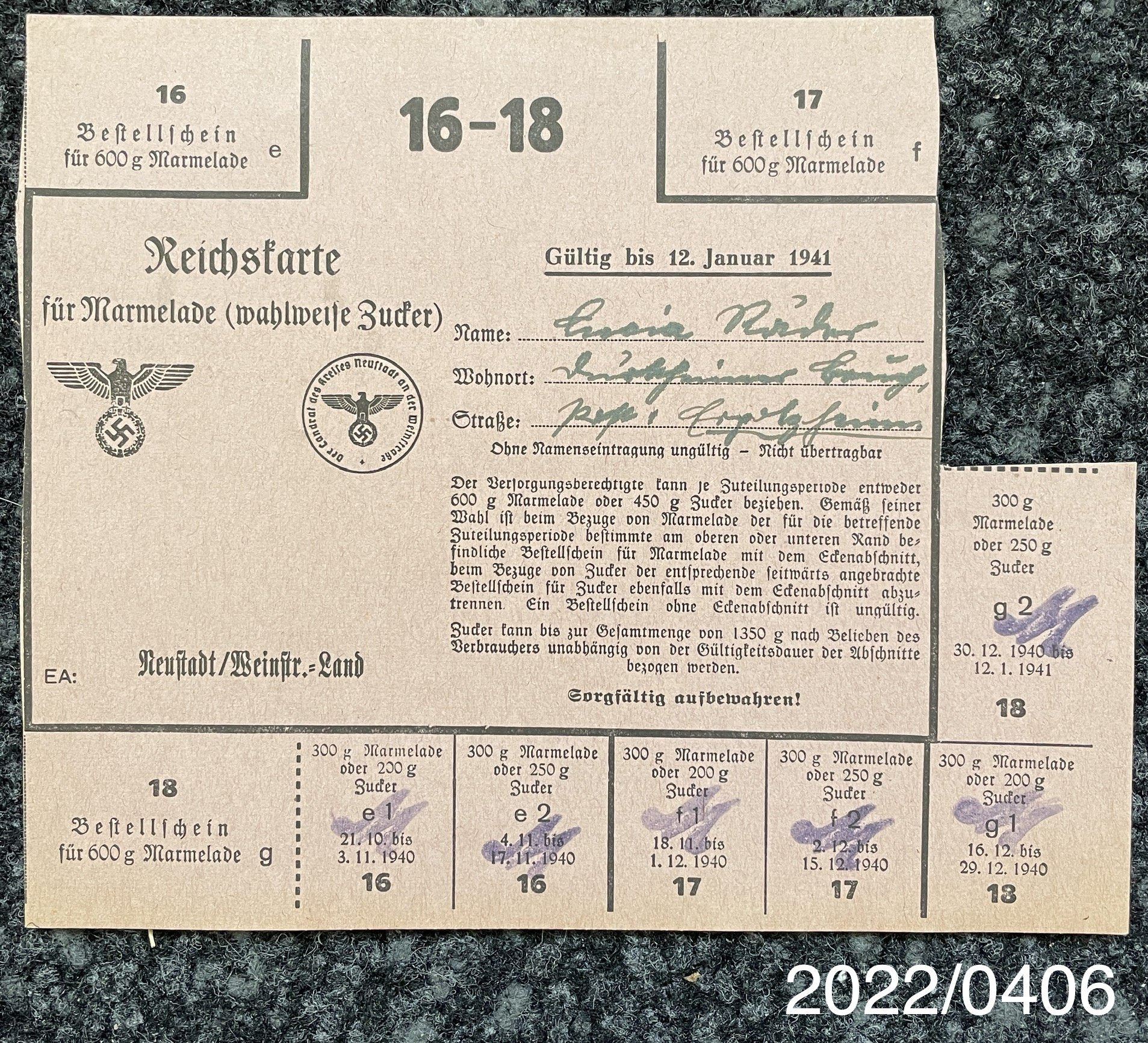 Reichskarte für Marmelade 1940/41 (Stadtmuseum Bad Dürkheim im Kulturzentrum Haus Catoir CC BY-NC-SA)