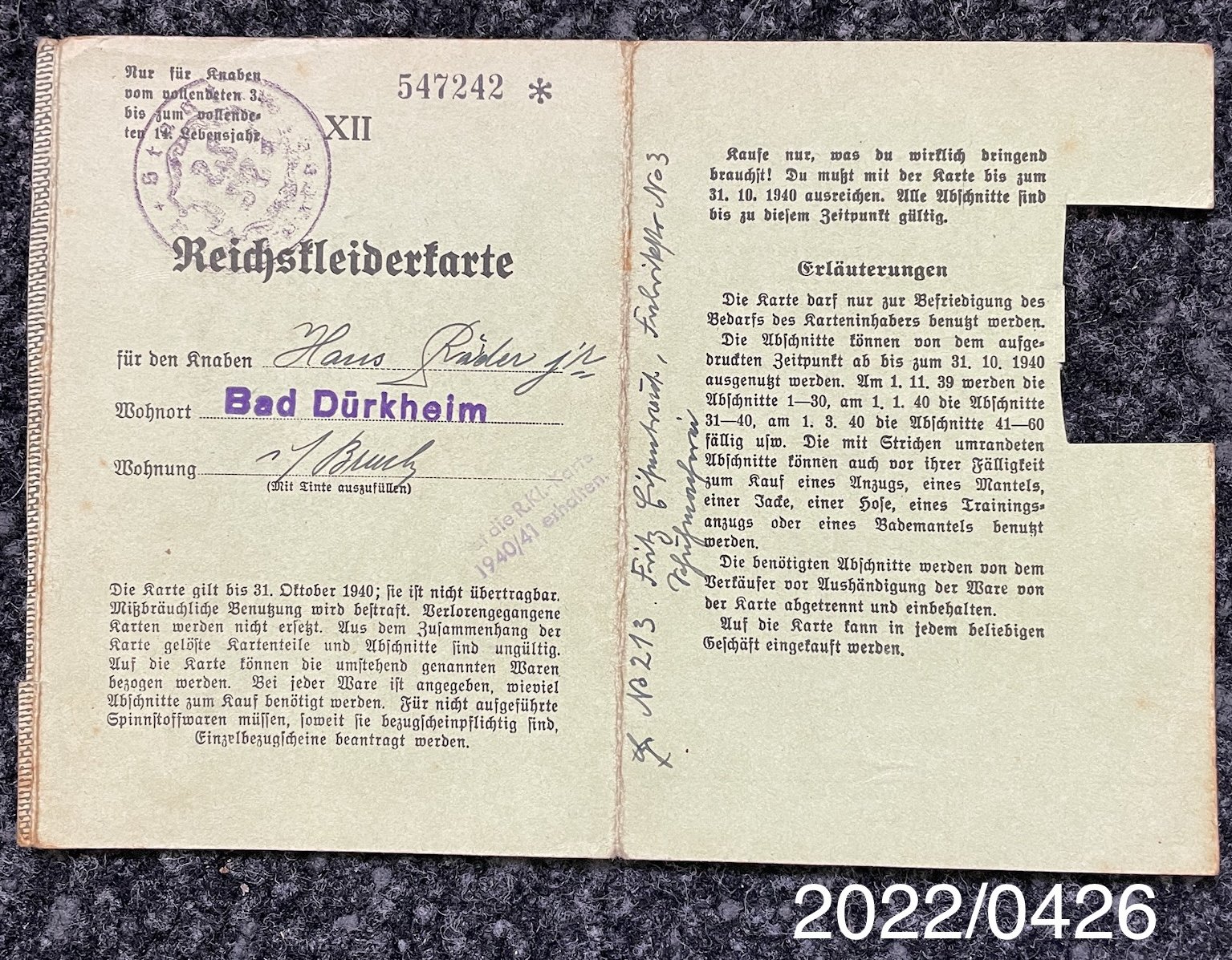 Reichskleiderkarte Kinder 3-14 Jahre 1939/1940 (Stadtmuseum Bad Dürkheim im Kulturzentrum Haus Catoir CC BY-NC-SA)