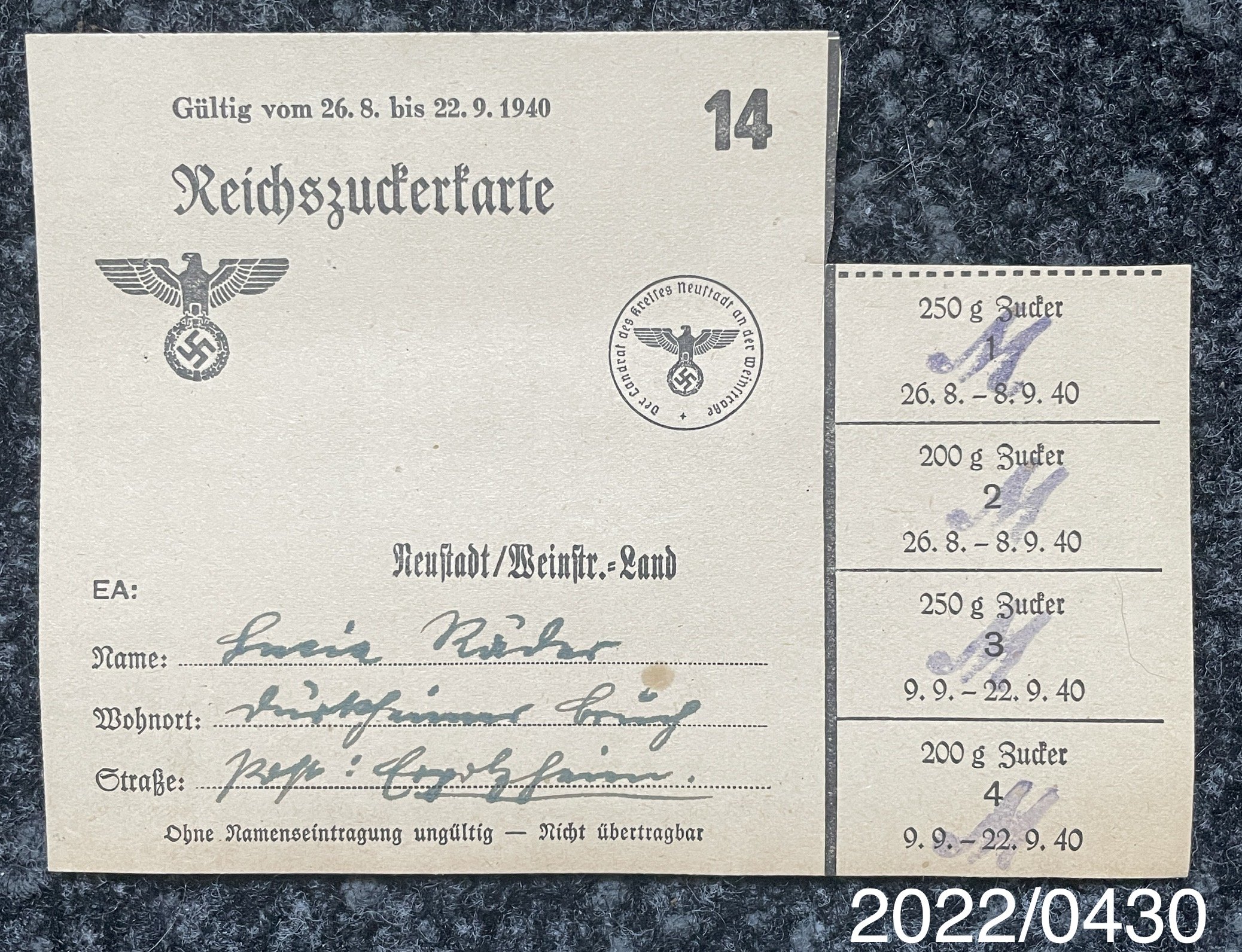 Reichszuckerkarte Nr. 14Lucia Räder 1940 (Stadtmuseum Bad Dürkheim im Kulturzentrum Haus Catoir CC BY-NC-SA)