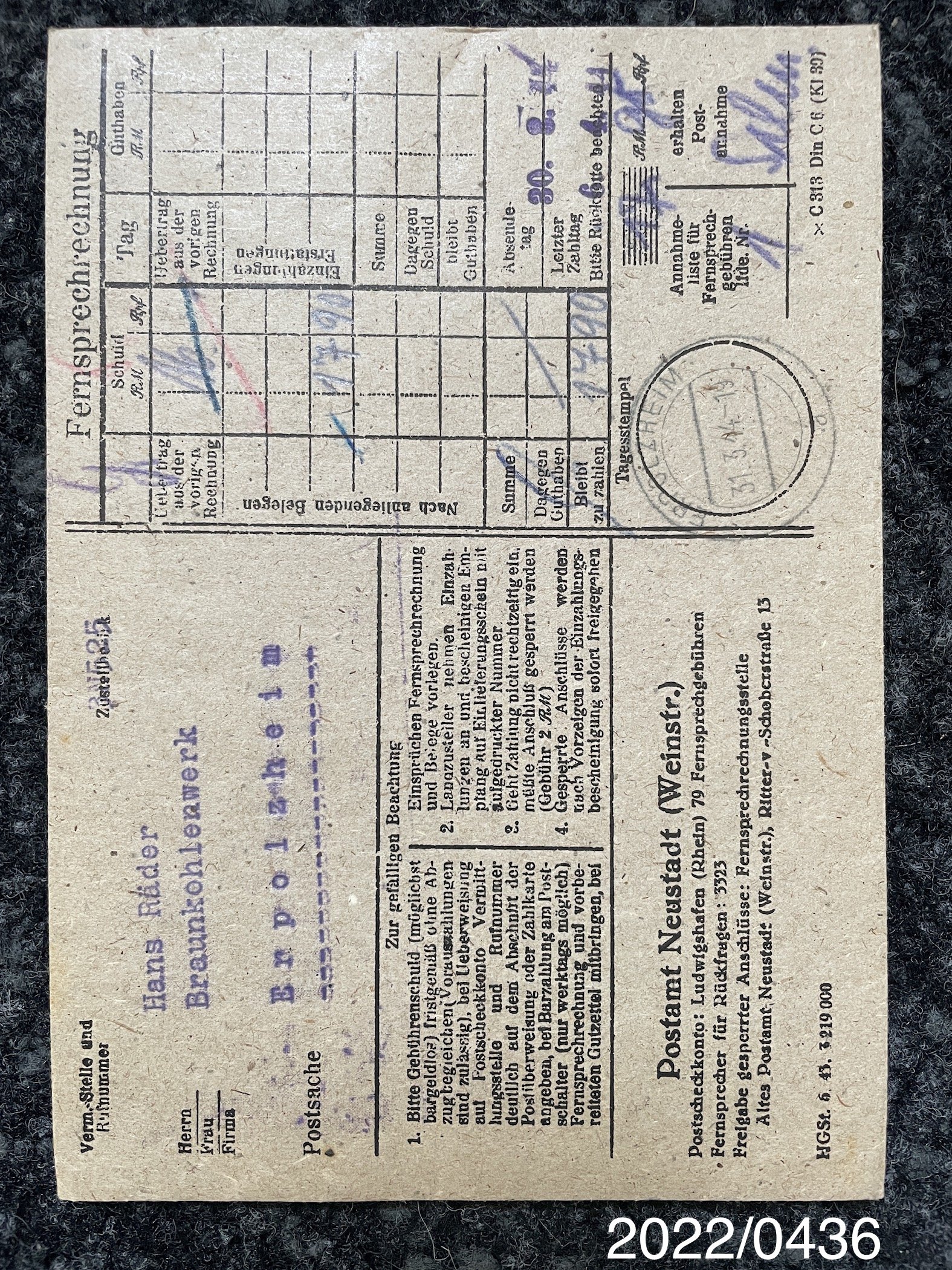 Briefumschlag mit aufgedruckter Fernsprechrechnung 1944 (Stadtmuseum Bad Dürkheim im Kulturzentrum Haus Catoir CC BY-NC-SA)