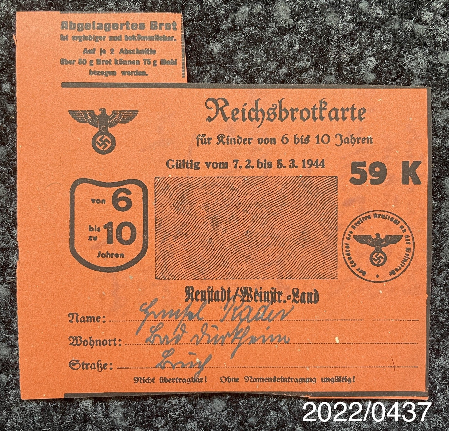 Reichsbrotkarte Nr. 59 1944 Kinder (Stadtmuseum Bad Dürkheim im Kulturzentrum Haus Catoir CC BY-NC-SA)