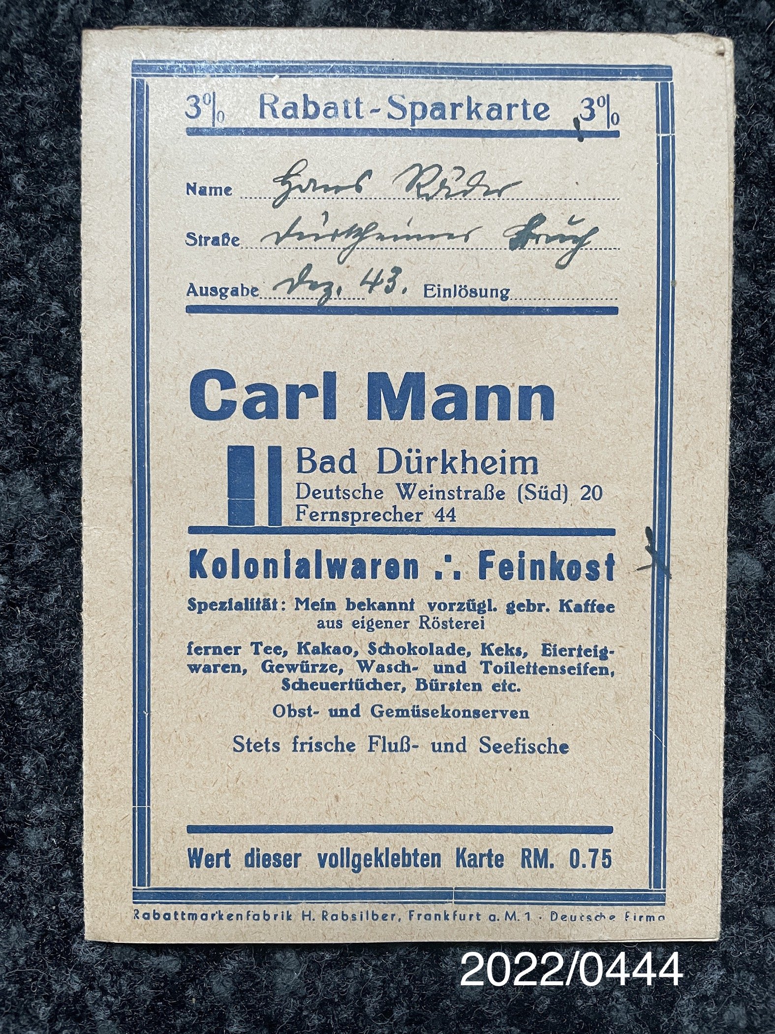 Rabatt-Sparkarte Carl Mann Bad Dürkheim Dez. 1943 (Stadtmuseum Bad Dürkheim im Kulturzentrum Haus Catoir CC BY-NC-SA)