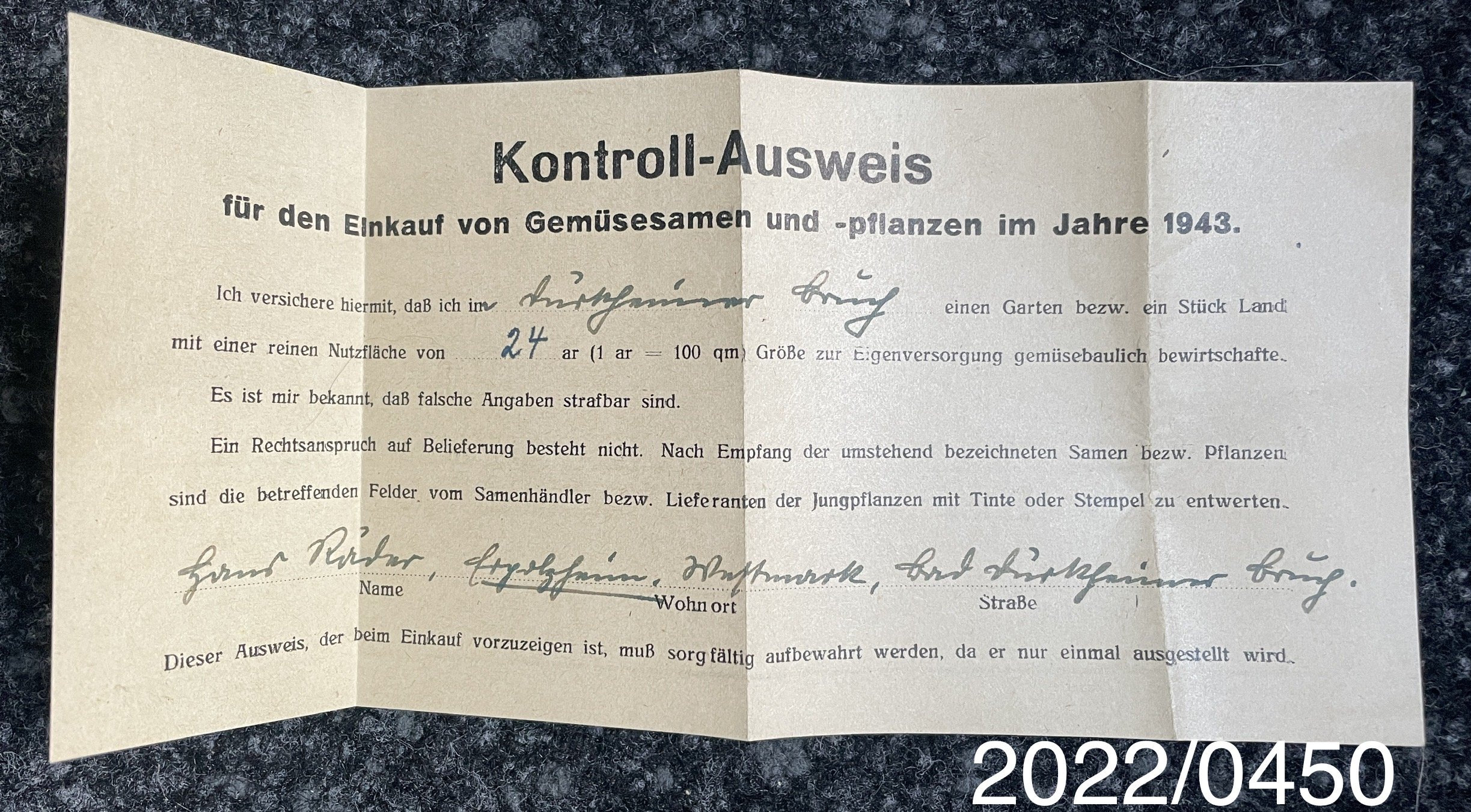 Kontroll-Ausweis für Samen/Jungpflanzen 1943 (Stadtmuseum Bad Dürkheim im Kulturzentrum Haus Catoir CC BY-NC-SA)