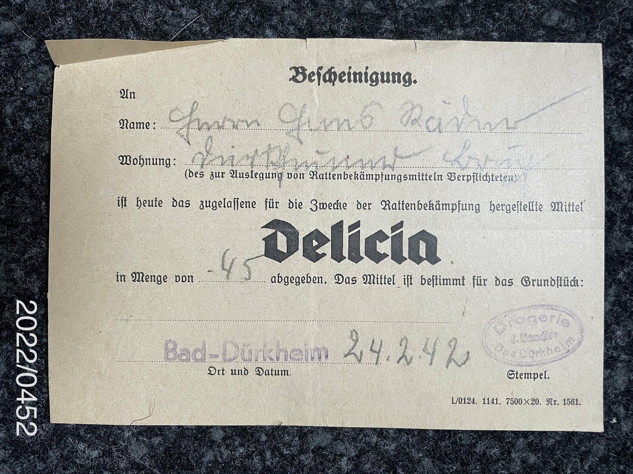 Bescheinigung zur Abgabe von Delicia 1942 (Stadtmuseum Bad Dürkheim im Kulturzentrum Haus Catoir CC BY-NC-SA)