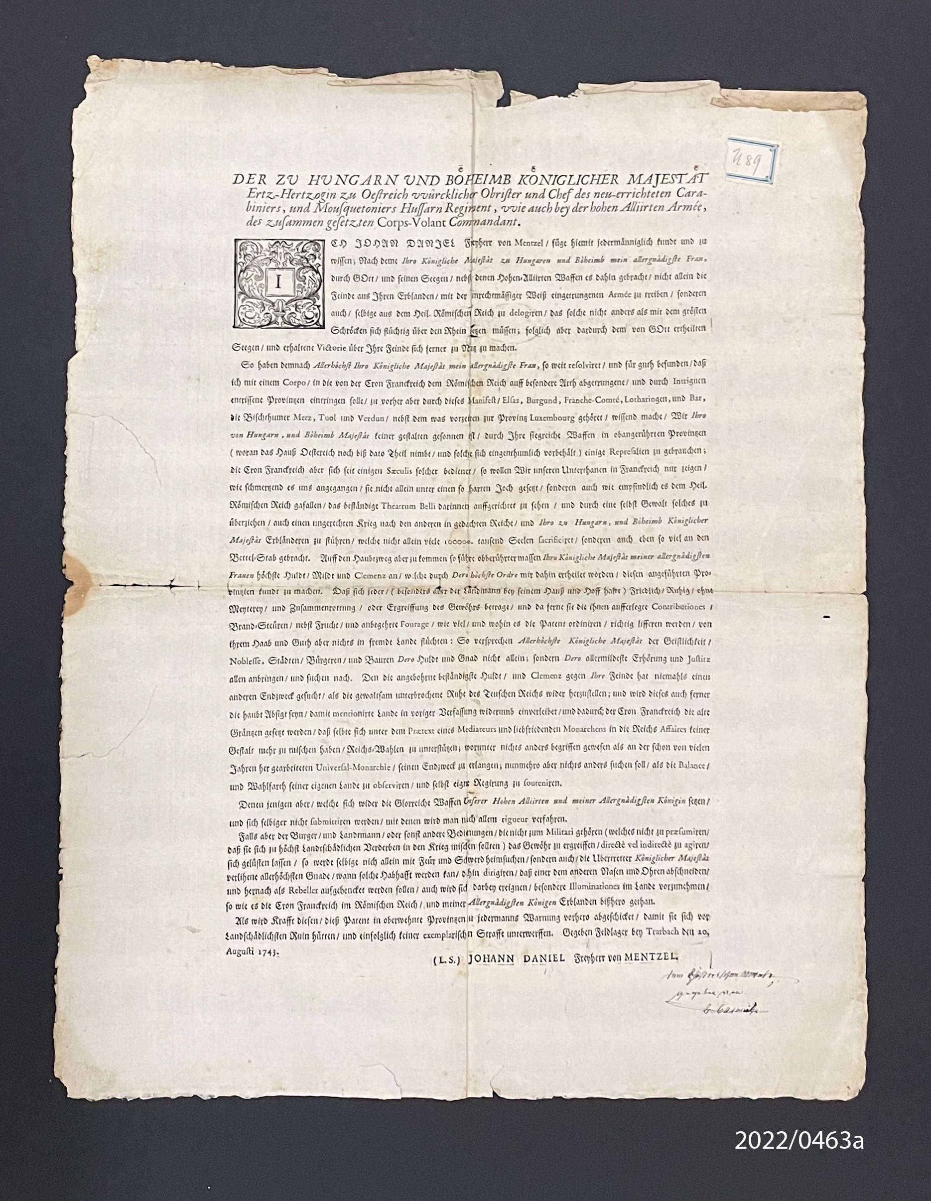 Proklamation zum Einmarsch ins Elsass, 1743 (Stadtmuseum Bad Dürkheim im Kulturzentrum Haus Catoir CC BY-NC-SA)