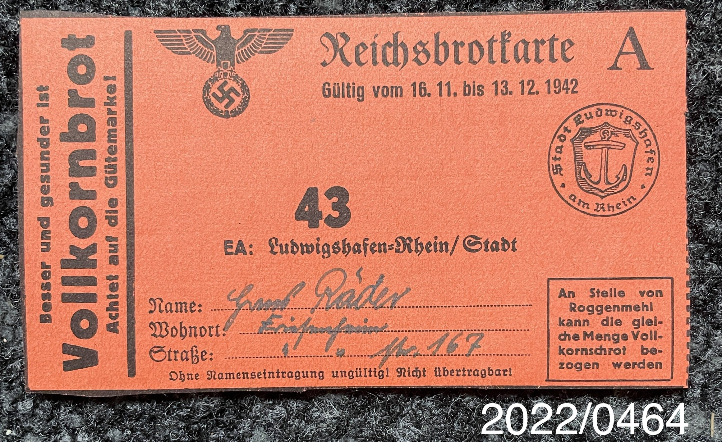 Reichsbrotkarte A Nr. 43 Hans Räder (Stadtmuseum Bad Dürkheim im Kulturzentrum Haus Catoir CC BY-NC-SA)