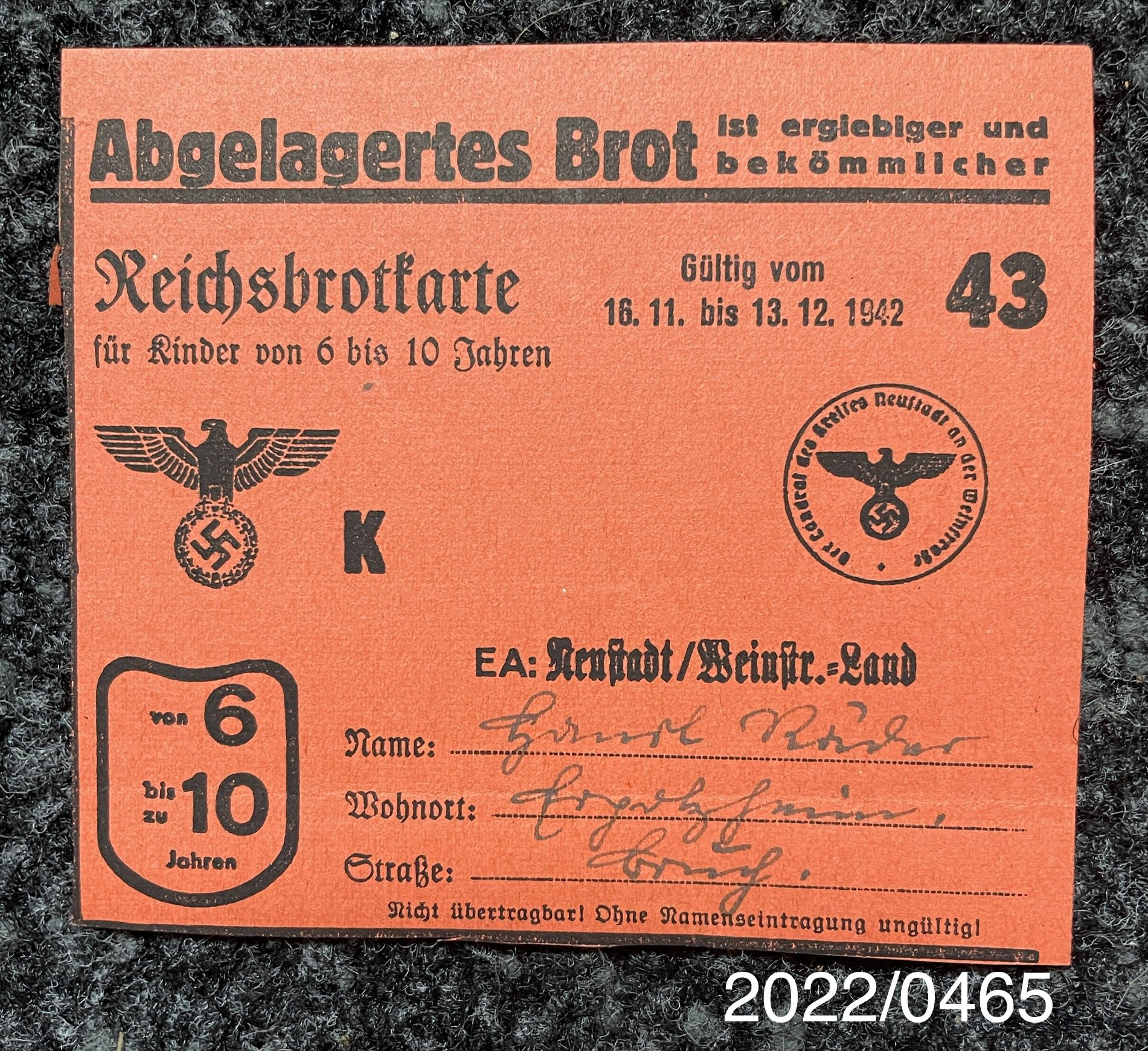 Reichsbrotkarte Kinder Nr. 43 Hans Räder (Stadtmuseum Bad Dürkheim im Kulturzentrum Haus Catoir CC BY-NC-SA)