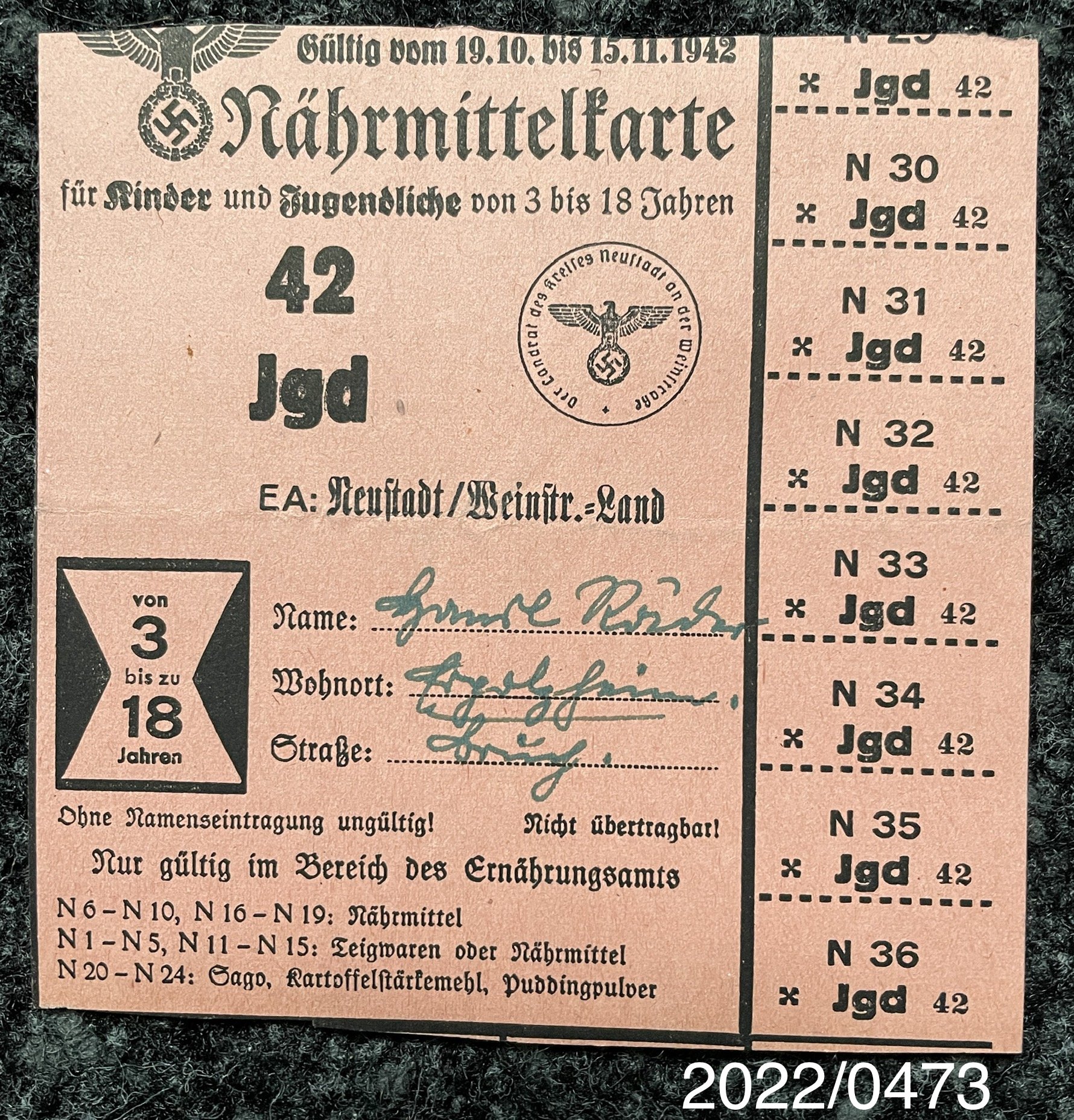 Nährmittelkarte Jgd 1942 (Stadtmuseum Bad Dürkheim im Kulturzentrum Haus Catoir CC BY-NC-SA)