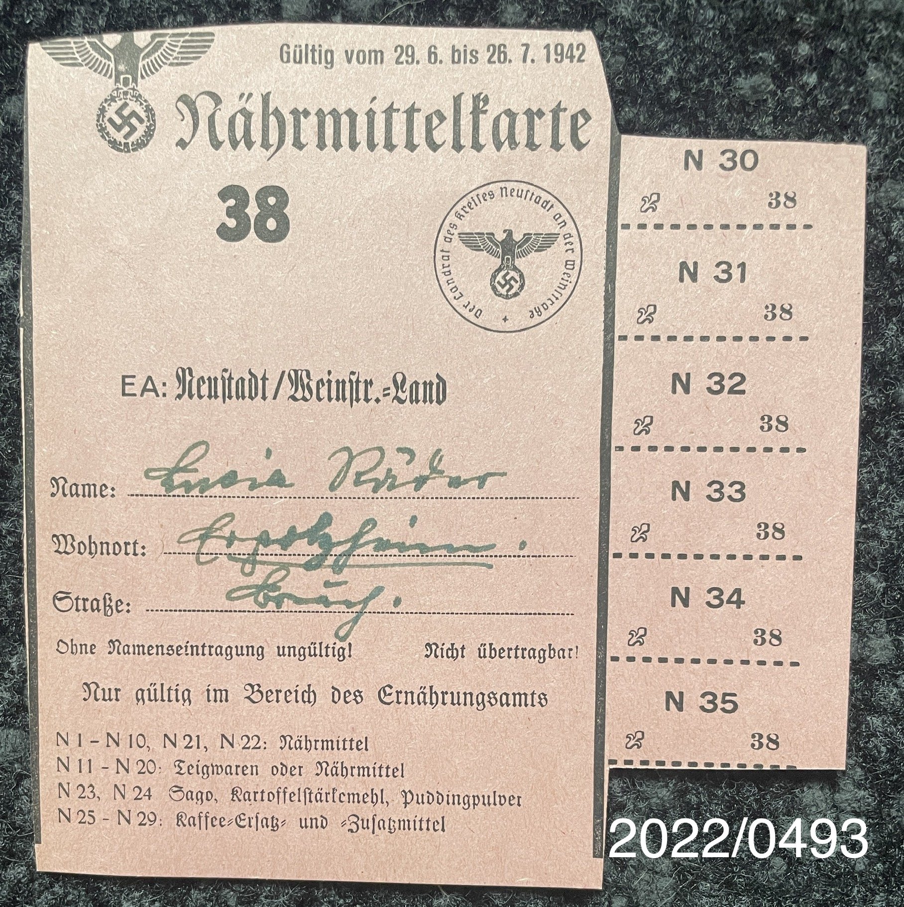 Nährmittelkarte Nr. 38 1942 (Stadtmuseum Bad Dürkheim im Kulturzentrum Haus Catoir CC BY-NC-SA)