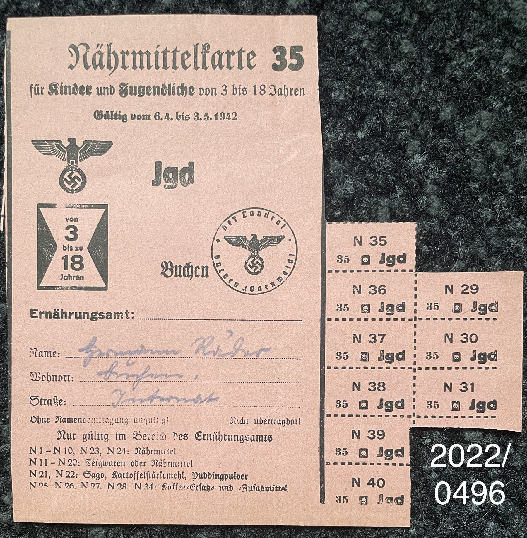 Nährmittelkarte Nr. 35 Jgd 1942 (Stadtmuseum Bad Dürkheim im Kulturzentrum Haus Catoir CC BY-NC-SA)
