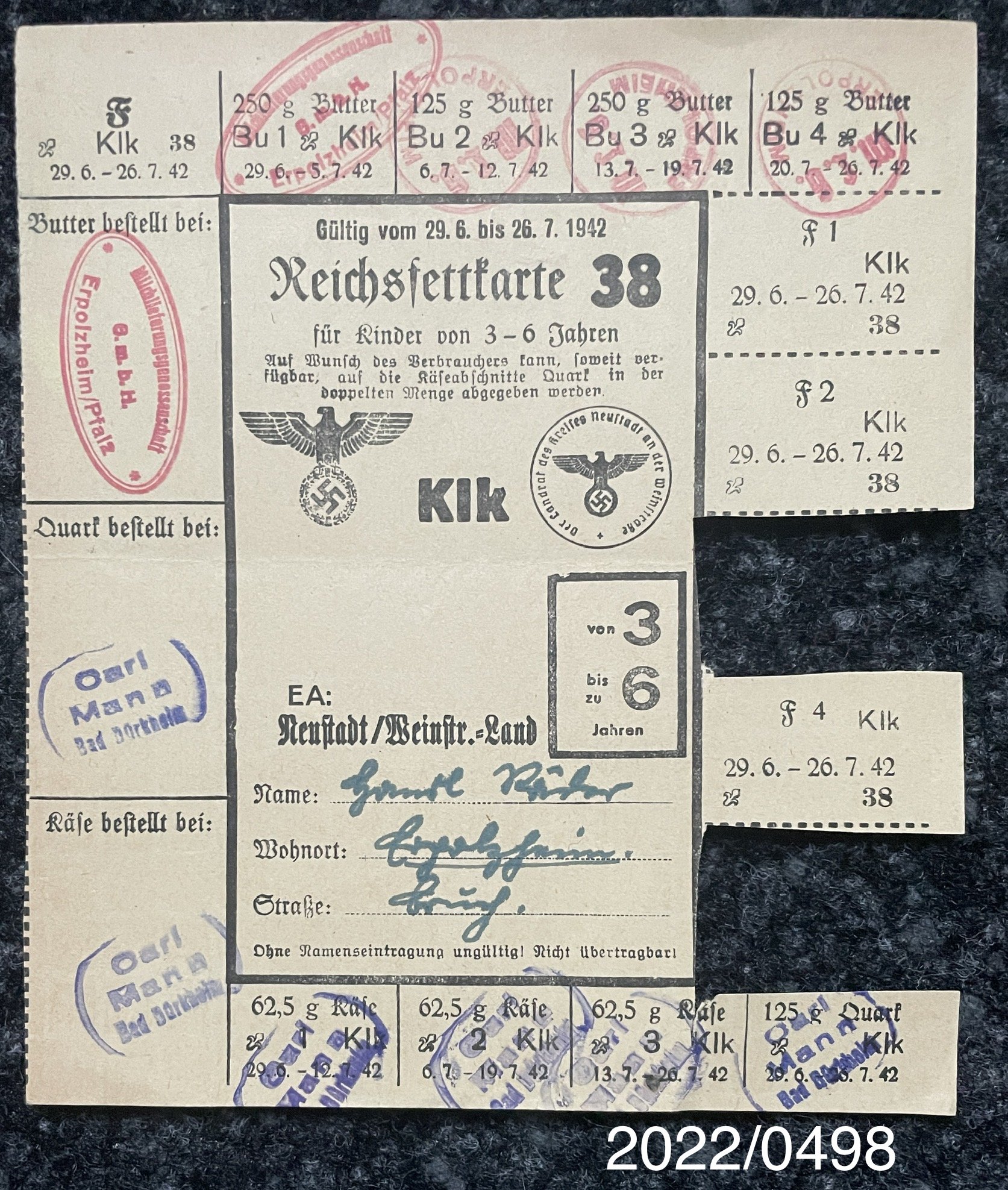 Reichsfettkarte Kinder Nr. 38 1942 (Stadtmuseum Bad Dürkheim im Kulturzentrum Haus Catoir CC BY-NC-SA)