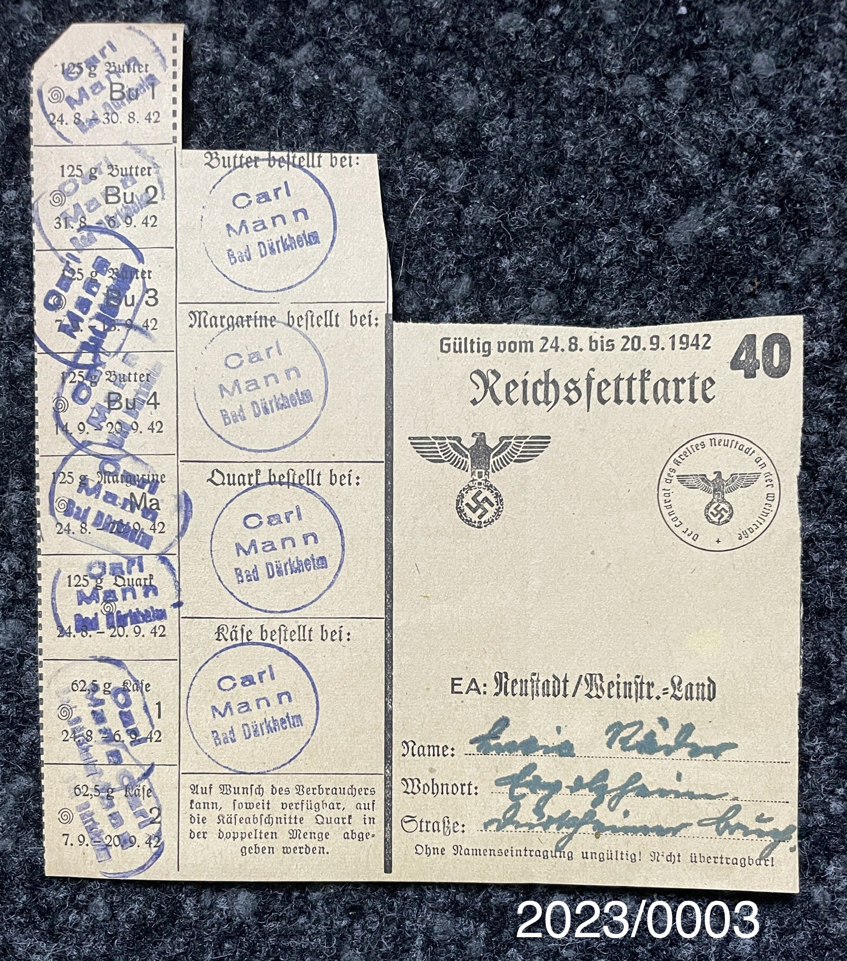 Reichsfettkarte Nr. 40 1942 (Stadtmuseum Bad Dürkheim im Kulturzentrum Haus Catoir CC BY-NC-SA)