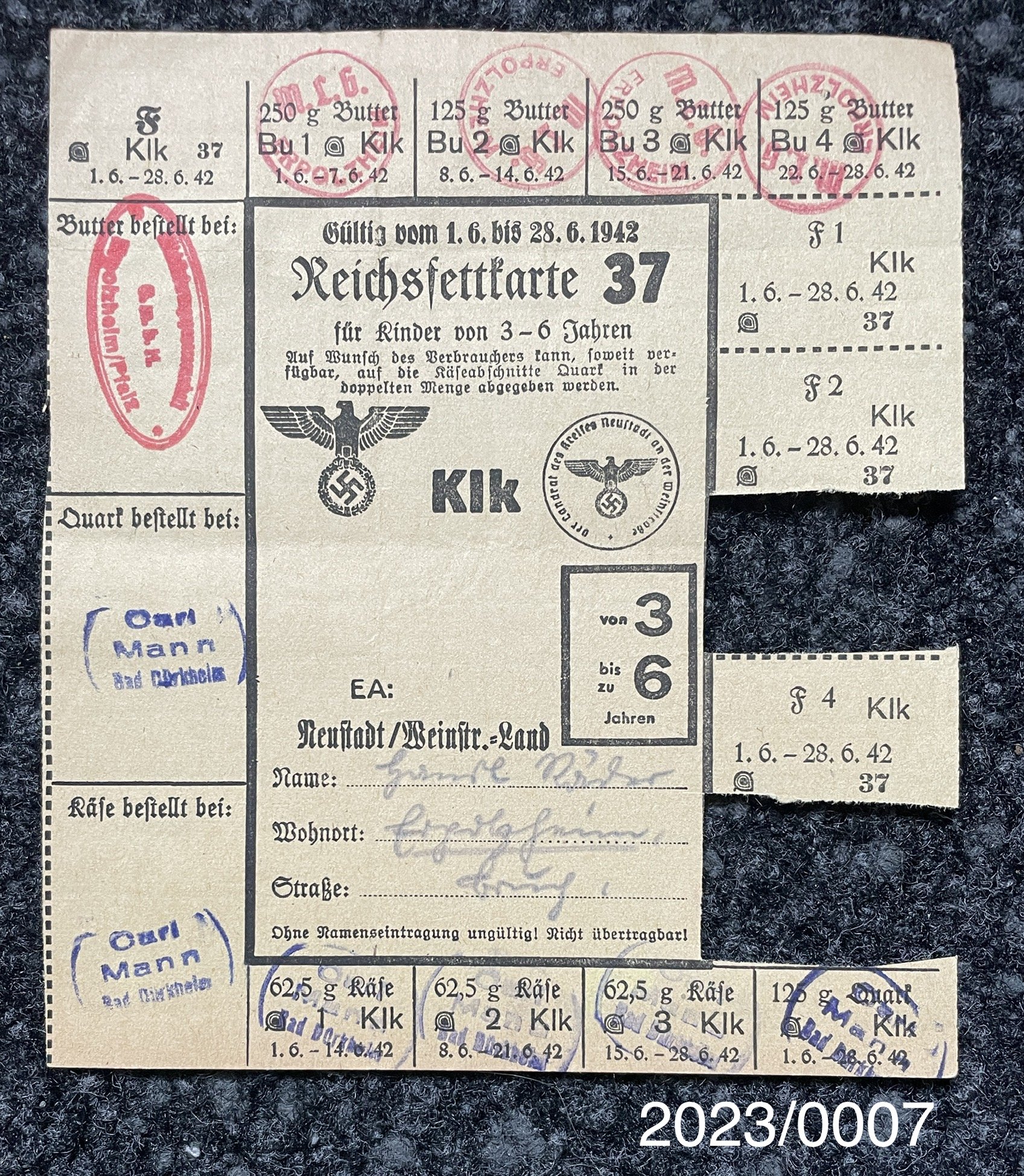 Reichsfettkarte Nr. 37 Kind 1942 (Stadtmuseum Bad Dürkheim im Kulturzentrum Haus Catoir CC BY-NC-SA)