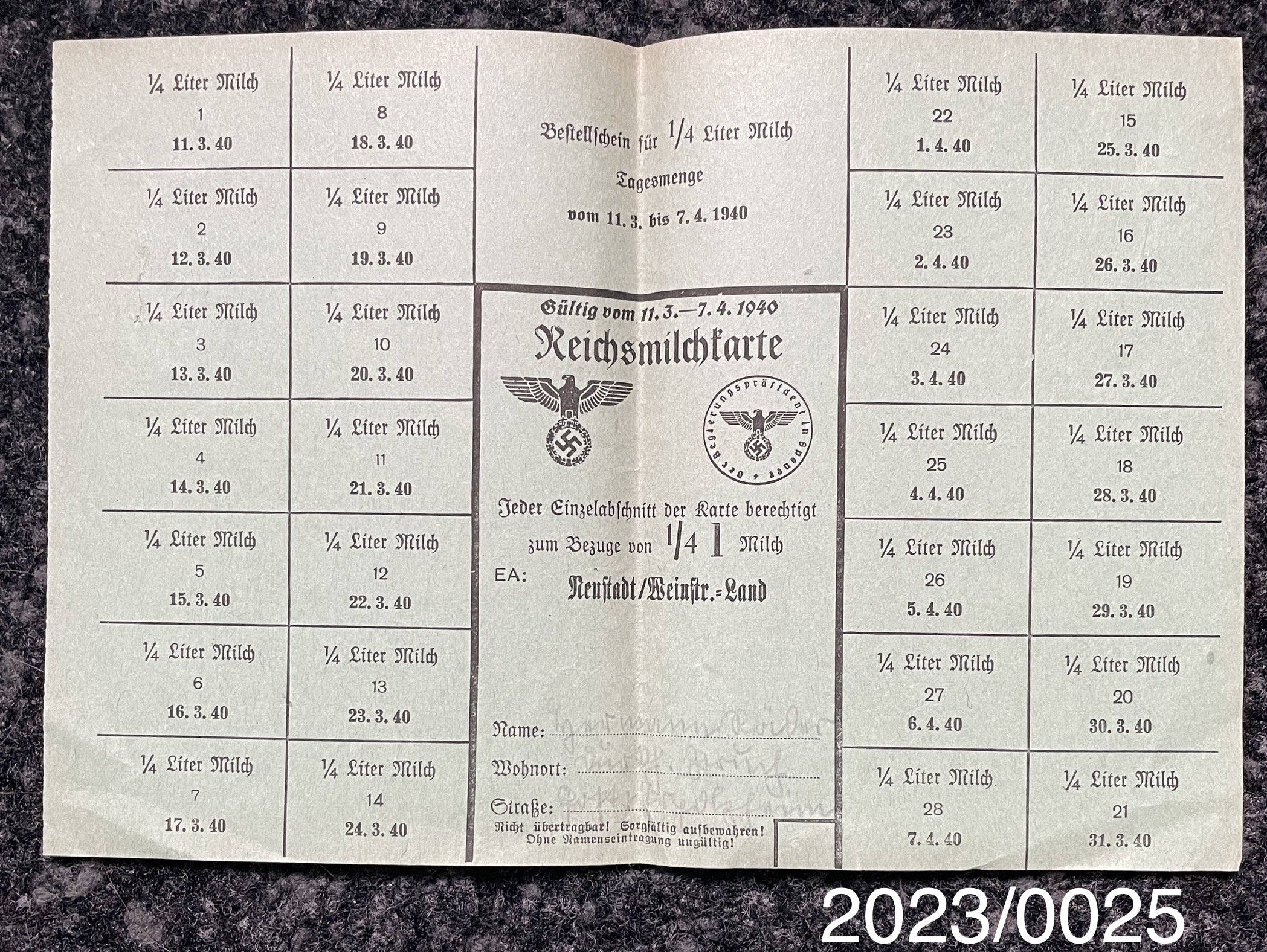 Reichsmilchkarte 11.03 - 07.04.1940 Hermann Räder (Stadtmuseum Bad Dürkheim im Kulturzentrum Haus Catoir CC BY-NC-SA)
