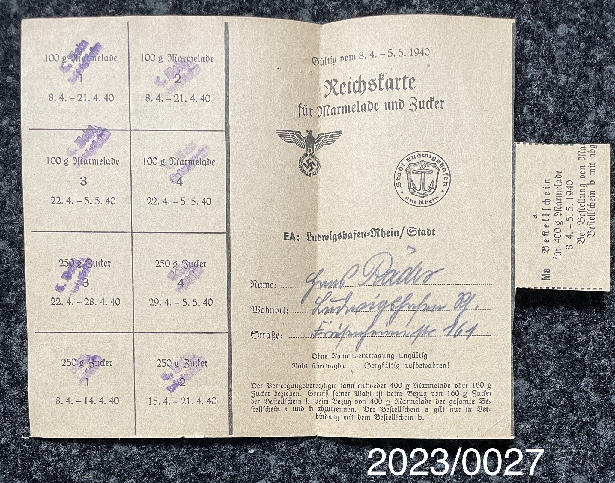 Reichskarte für Marmelade und Zucker 1940 (Stadtmuseum Bad Dürkheim im Kulturzentrum Haus Catoir CC BY-NC-SA)