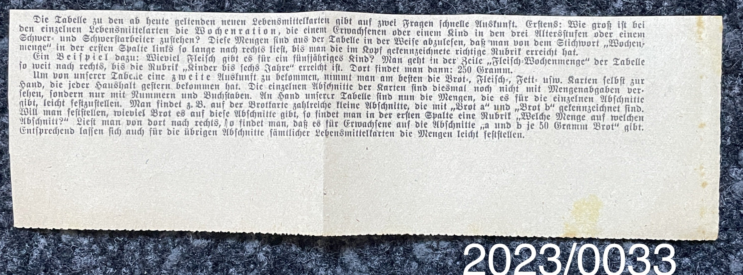 Zeitungsausschnitt bezüglich Rationsmenge Bezugsscheine (Stadtmuseum Bad Dürkheim im Kulturzentrum Haus Catoir CC BY-NC-SA)
