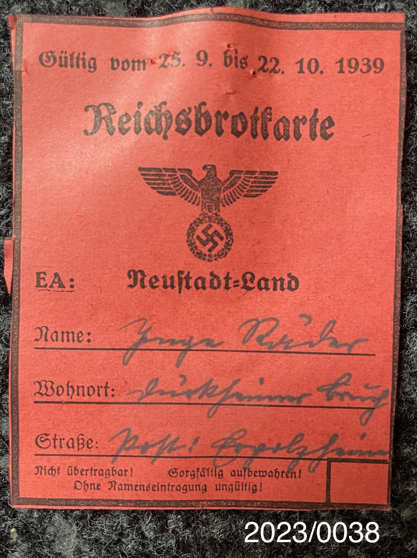 Reichsbrotkarte 1939 (Stadtmuseum Bad Dürkheim im Kulturzentrum Haus Catoir CC BY-NC-SA)
