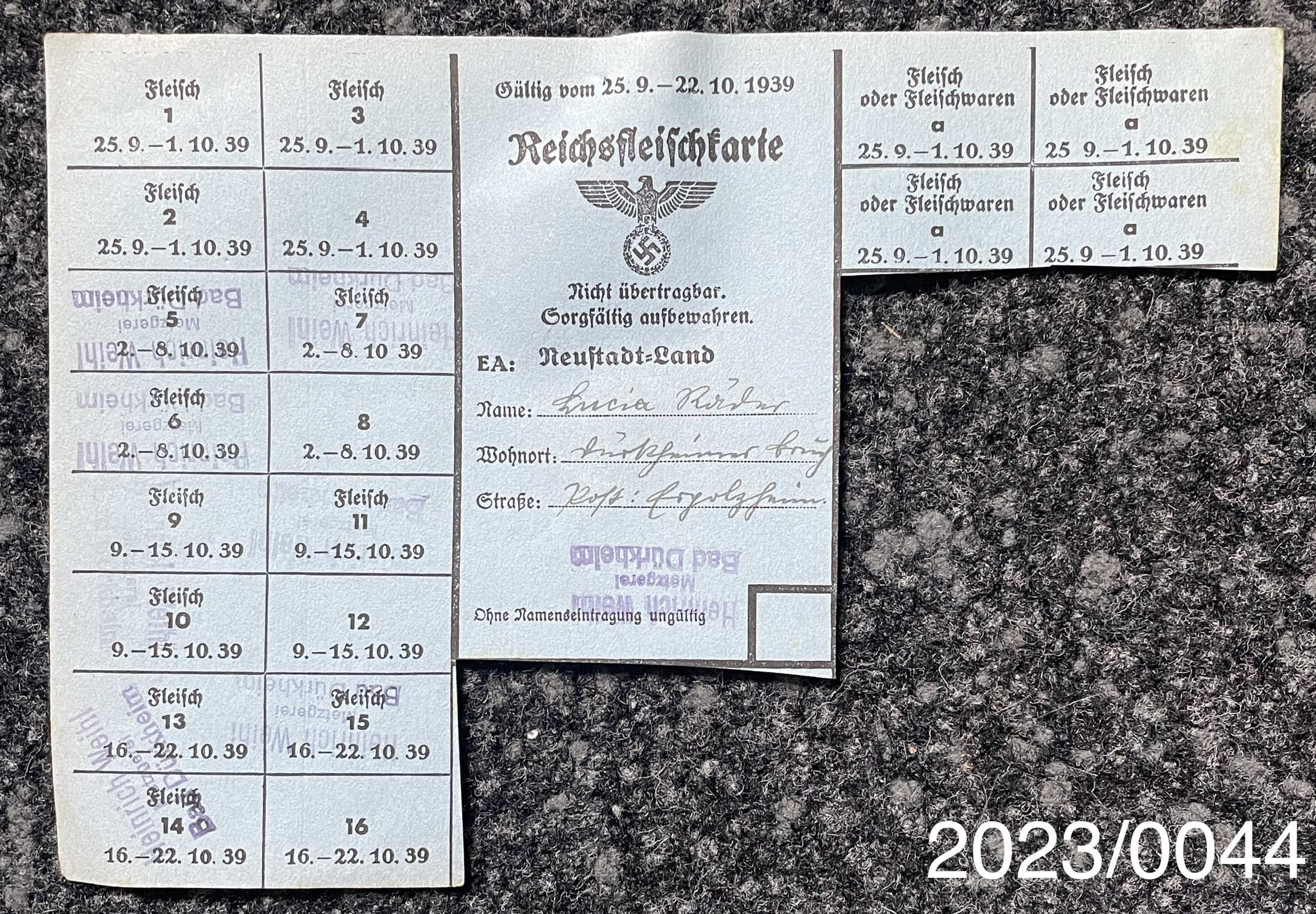 Reichsfleischkarte 1939 (Stadtmuseum Bad Dürkheim im Kulturzentrum Haus Catoir CC BY-NC-SA)